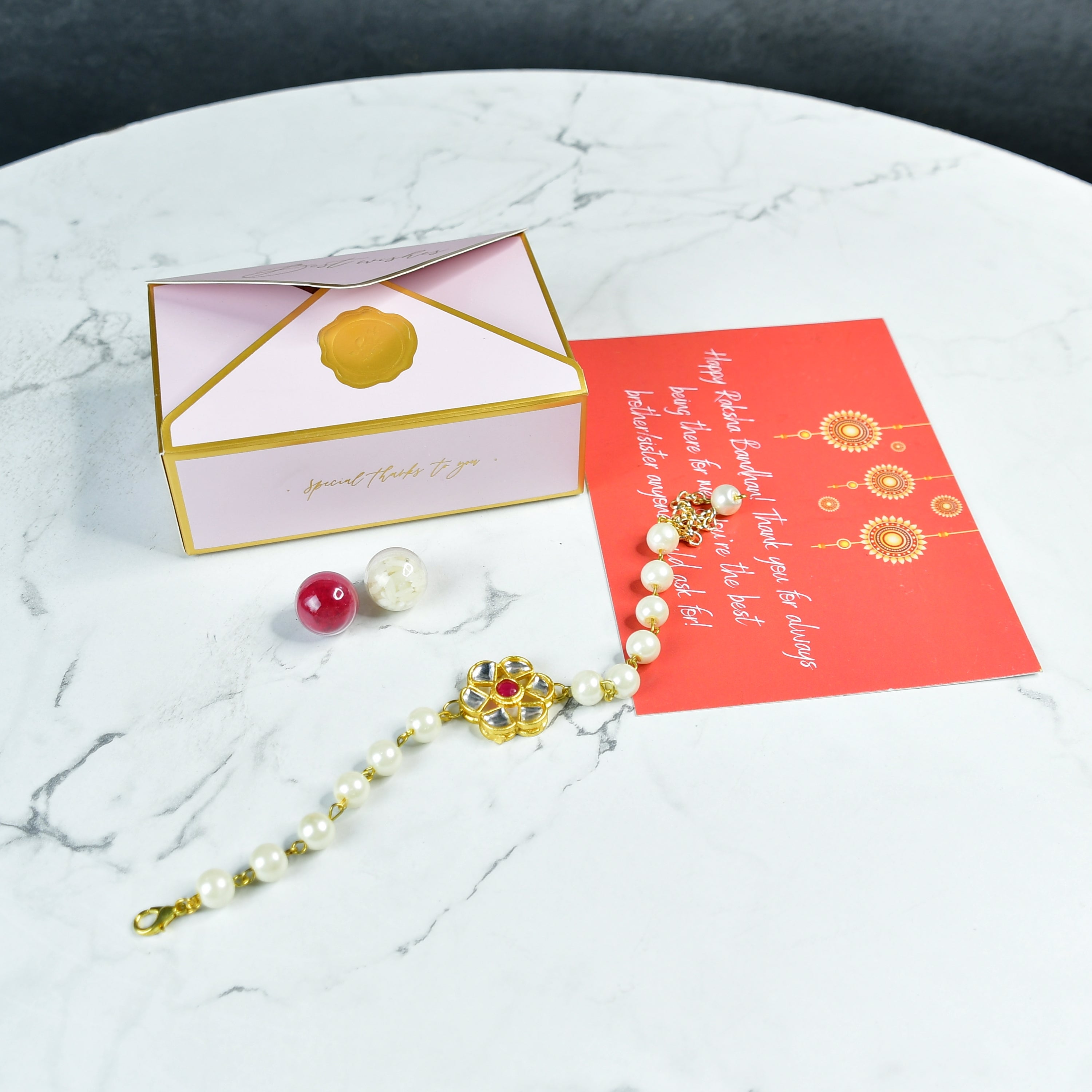 Mayii Exquisite Pearl Rakhi Pack of 1 with Roli Chawal and Greeting card combo for Raksha Bandhan and Gifting - Mayii - Mayii