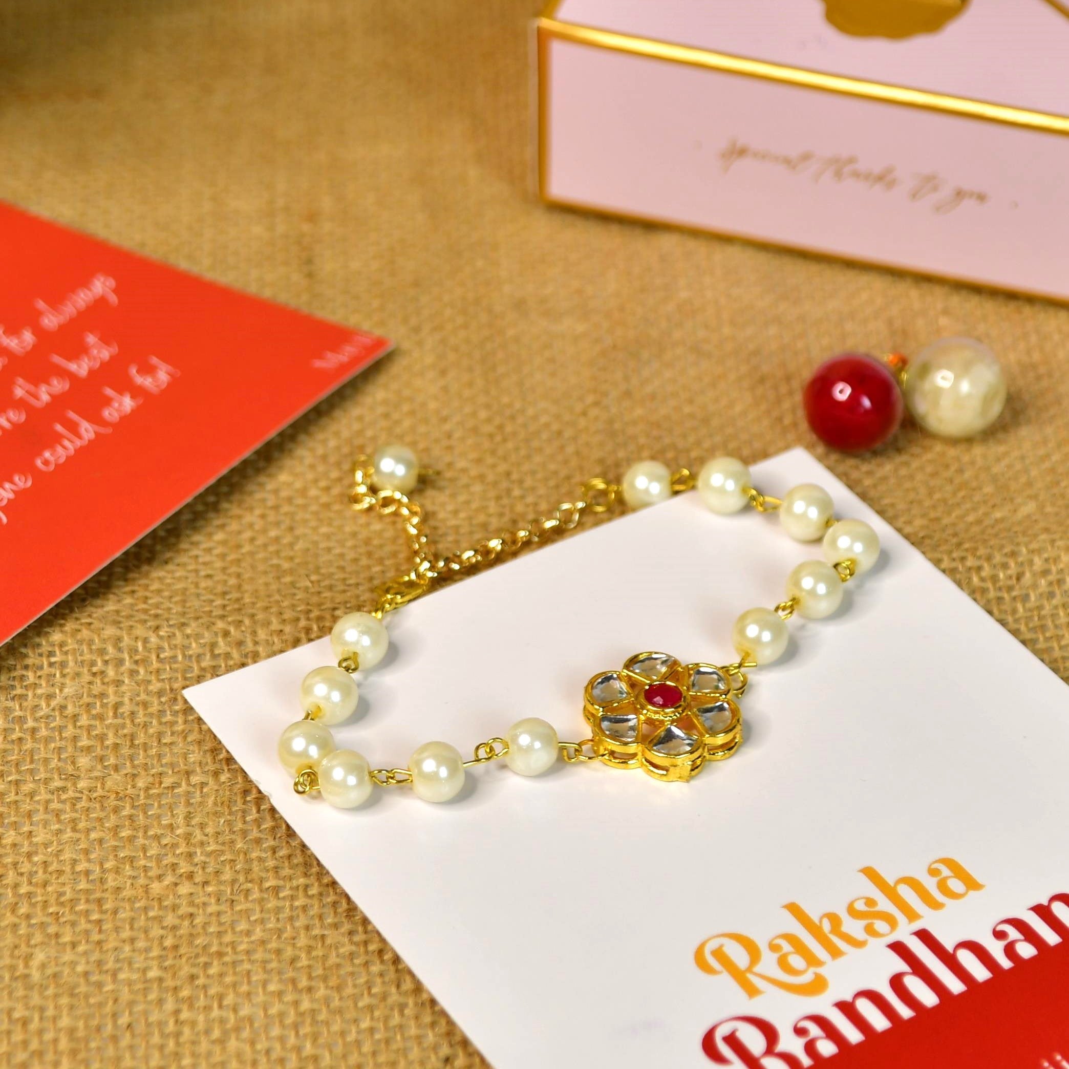 Mayii Exquisite Pearl Rakhi Pack of 1 with Roli Chawal and Greeting card combo for Raksha Bandhan and Gifting - Mayii - Mayii