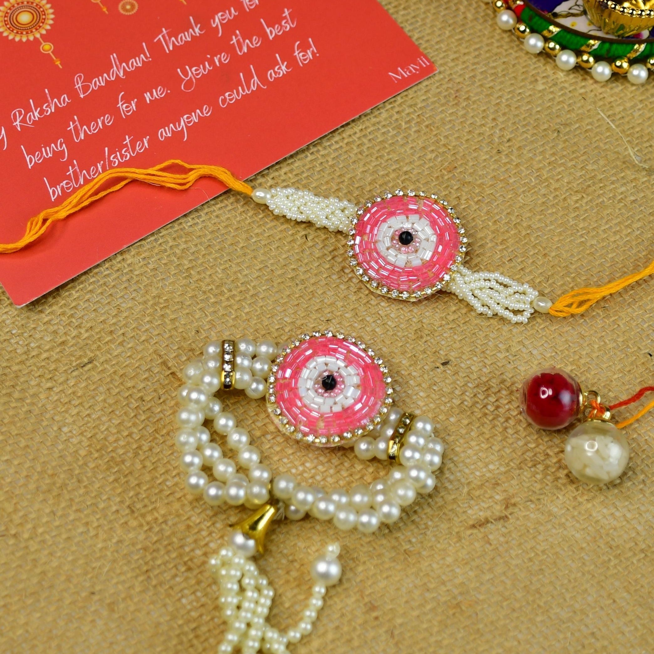 Mayii Exquisite Pink Circle Rakhi Pack of 2 with Roli Chawal and Greeting card combo for Raksha Bandhan and Gifting - Mayii - Mayii