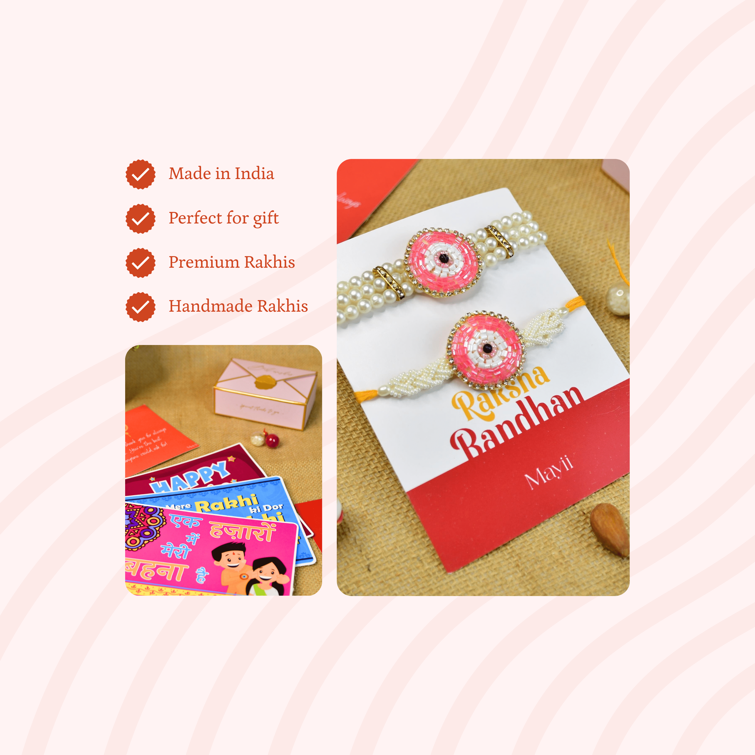 Mayii Exquisite Pink Circle Rakhi Pack of 2 with Roli Chawal and Greeting card combo for Raksha Bandhan and Gifting - Mayii - Mayii