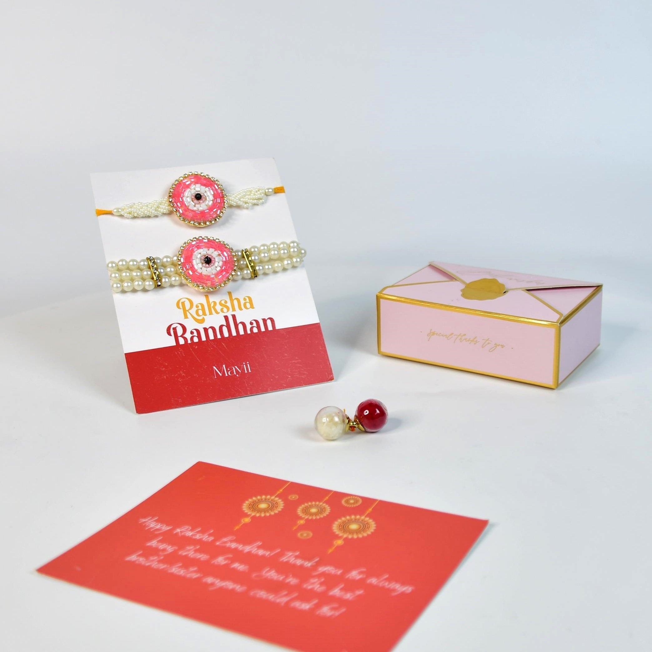 Mayii Exquisite Pink Circle Rakhi Pack of 2 with Roli Chawal and Greeting card combo for Raksha Bandhan and Gifting - Mayii - Mayii