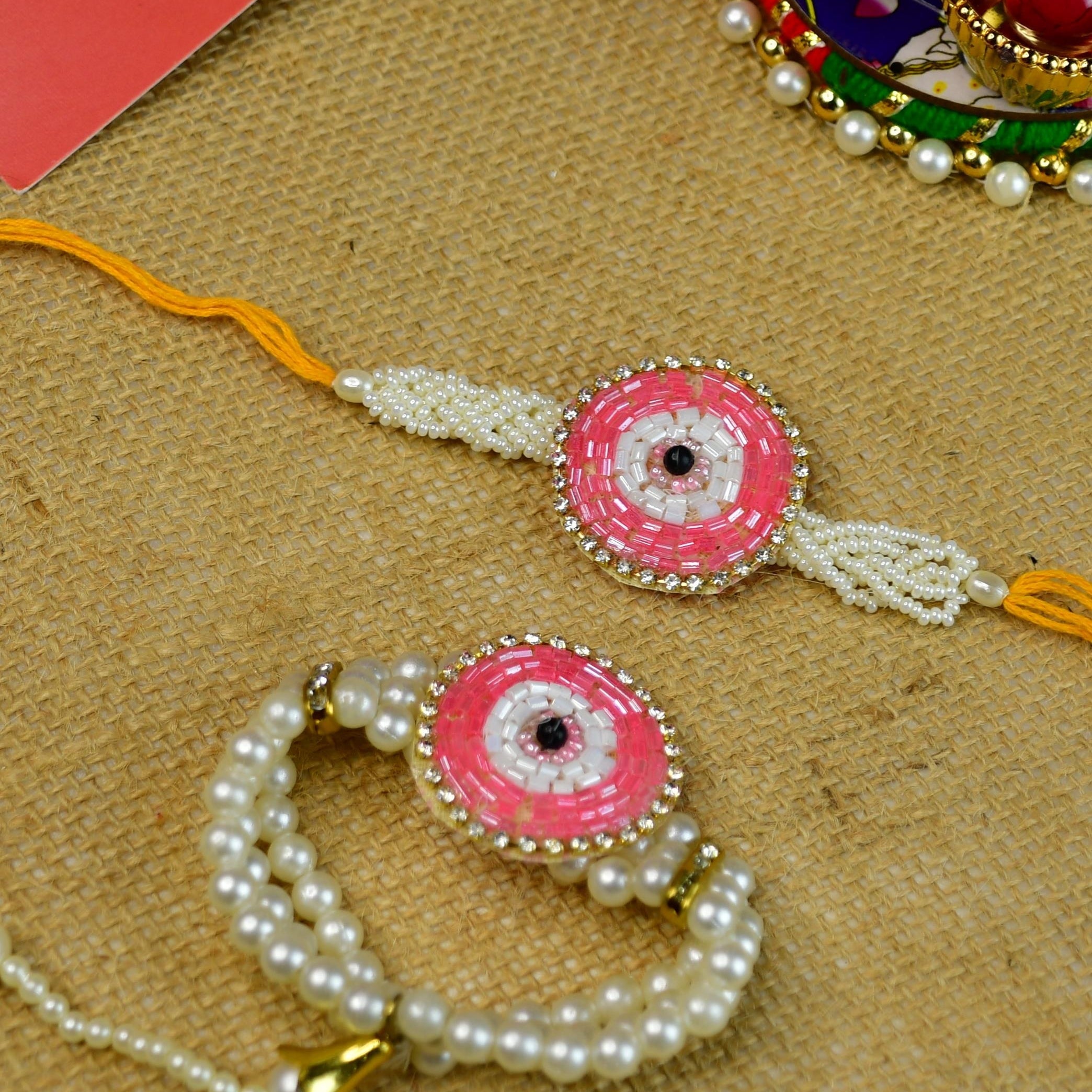 Mayii Exquisite Pink Circle Rakhi Pack of 2 with Roli Chawal and Greeting card combo for Raksha Bandhan and Gifting - Mayii - Mayii