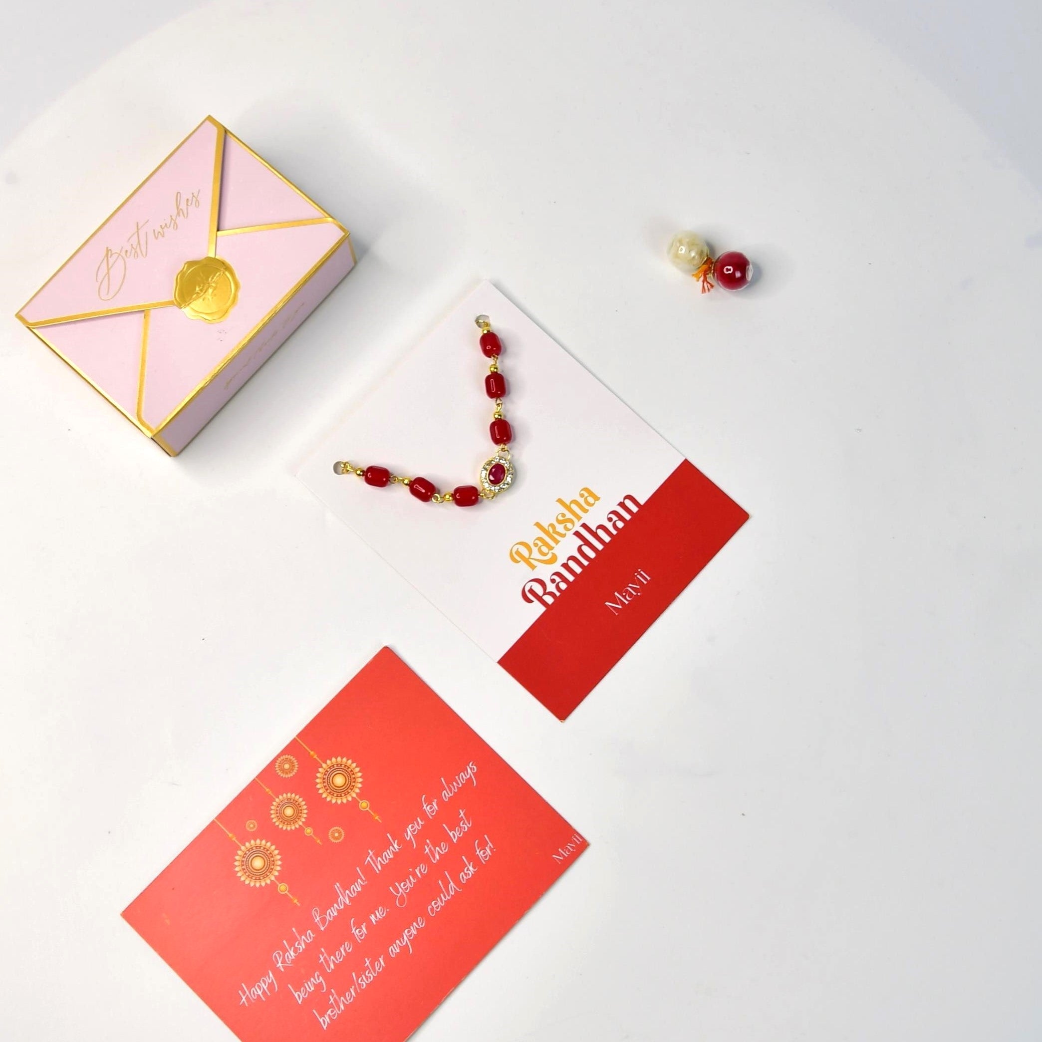 Mayii Exquisite Red Beads Rakhi Pack of 1 with Roli Chawal and Greeting card combo for Raksha Bandhan and Gifting - Mayii - Mayii