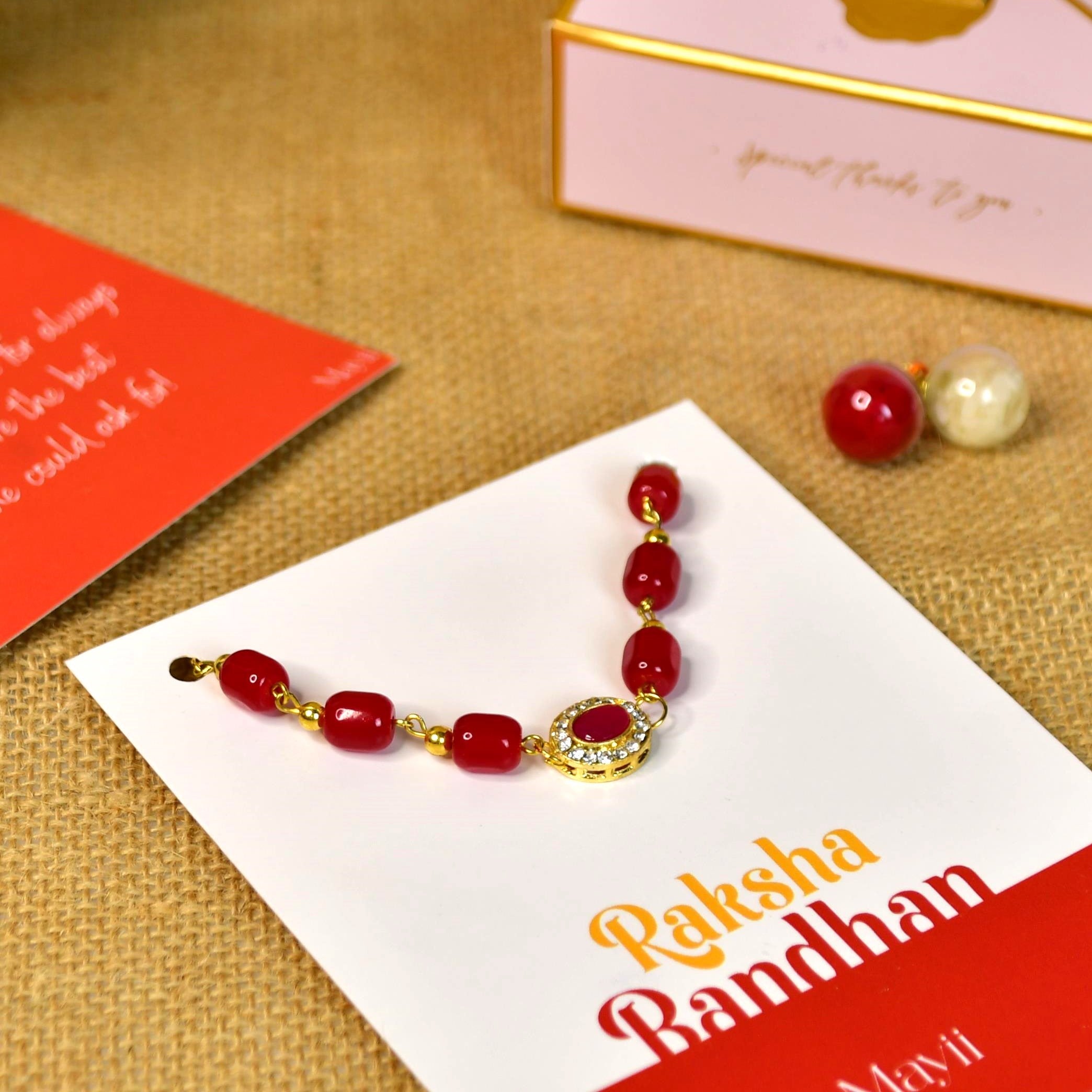 Mayii Exquisite Red Beads Rakhi Pack of 1 with Roli Chawal and Greeting card combo for Raksha Bandhan and Gifting - Mayii - Mayii