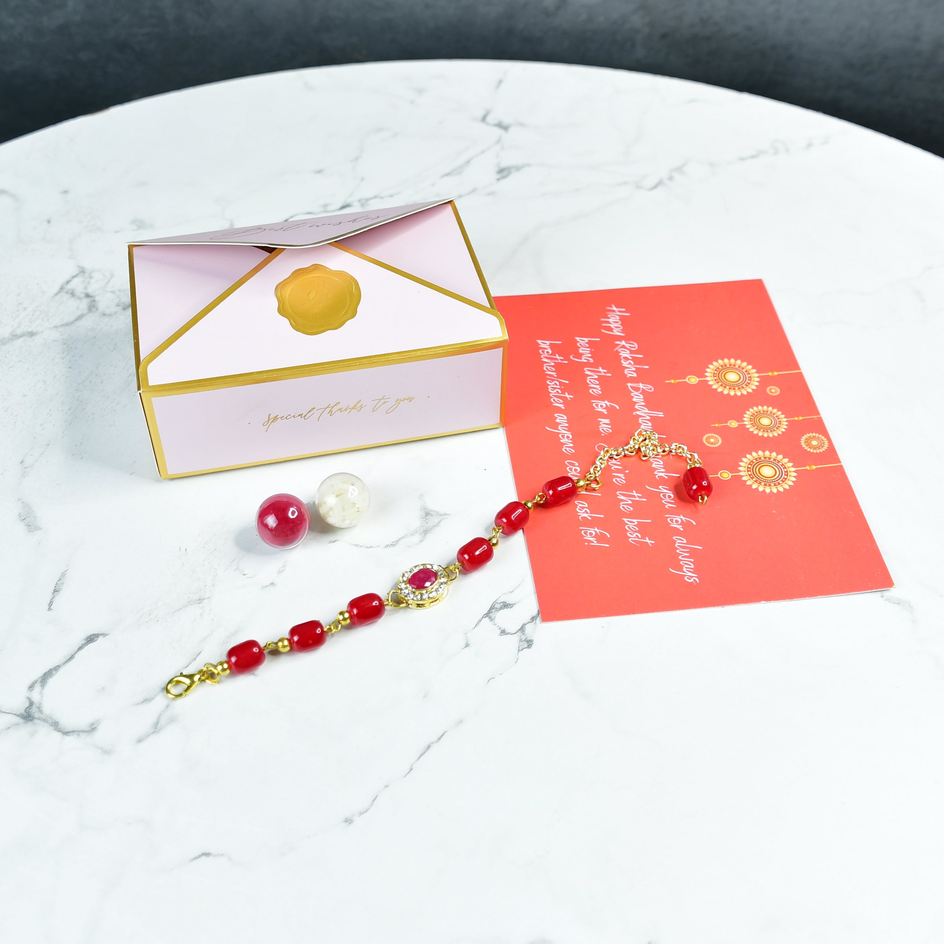 Mayii Exquisite Red Beads Rakhi Pack of 1 with Roli Chawal and Greeting card combo for Raksha Bandhan and Gifting - Mayii - Mayii