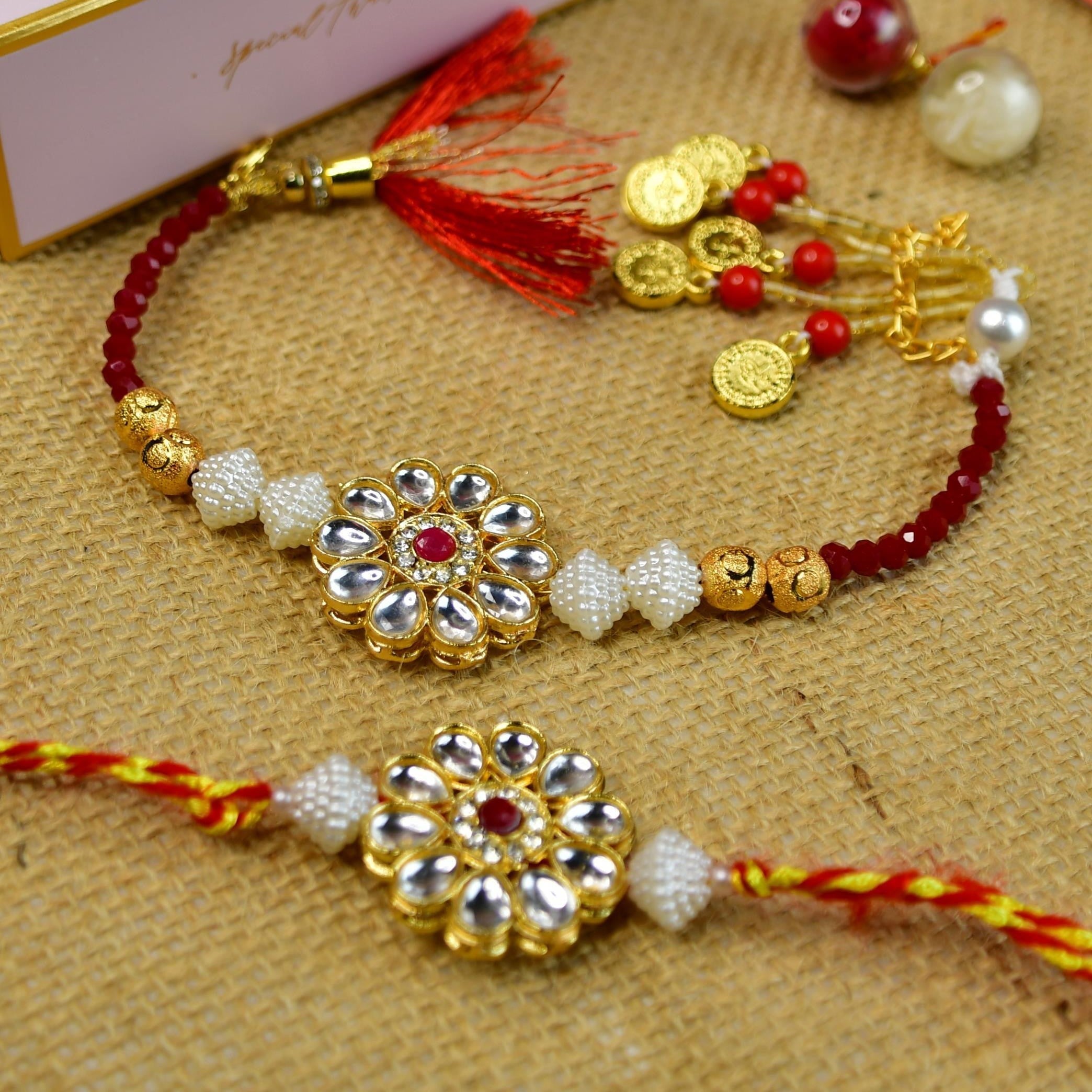 Mayii Exquisite Red Centre Flower Rakhi Pack of 2 with Roli Chawal and Greeting card combo for Raksha Bandhan and Gifting - Mayii - Mayii