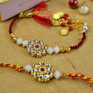 Mayii Exquisite Red Centre Flower Rakhi Pack of 2 with Roli Chawal and Greeting card combo for Raksha Bandhan and Gifting - Mayii - Mayii