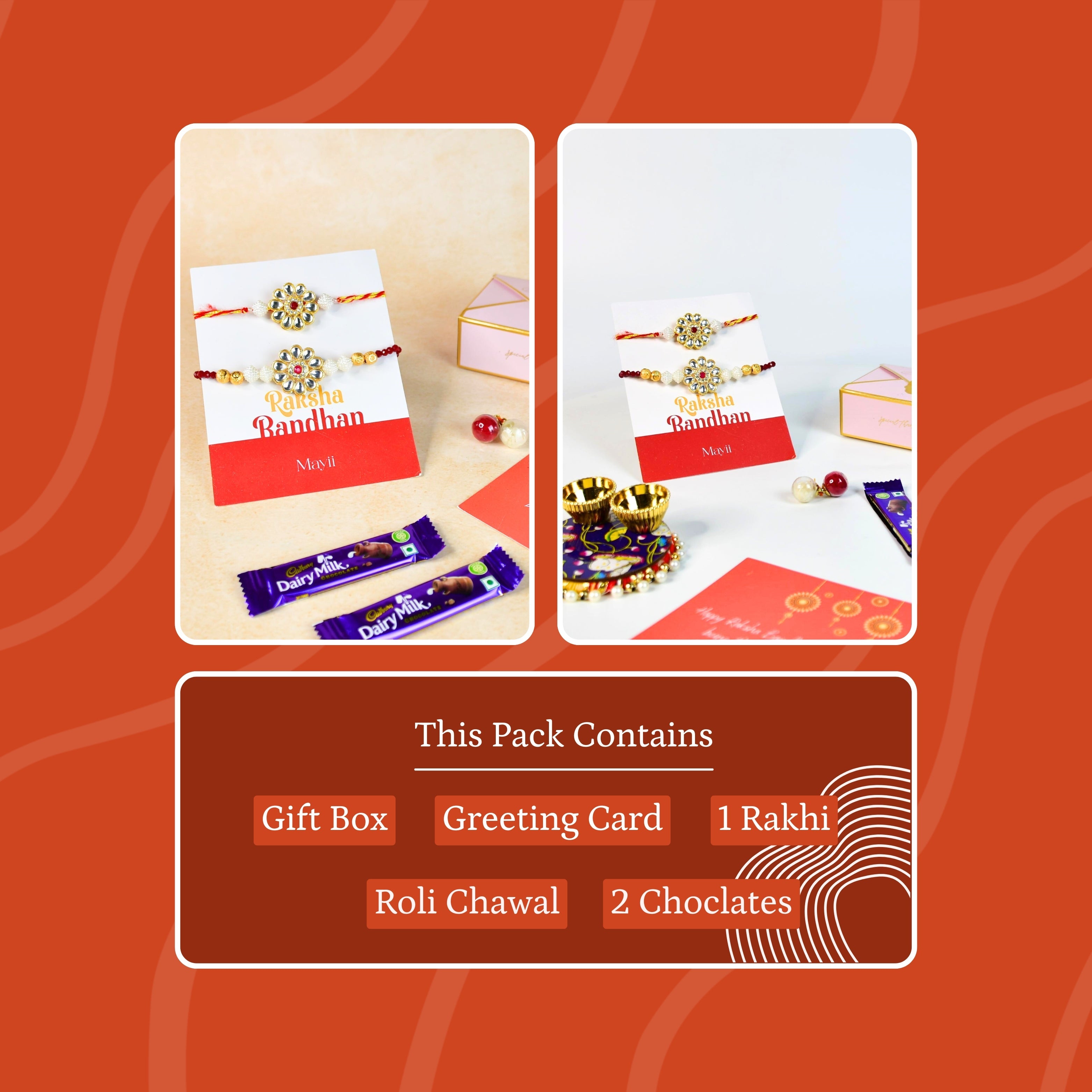 Mayii Exquisite Red Centre Flower Rakhi Pack of 2 with Roli Chawal and Greeting card combo for Raksha Bandhan and Gifting - Mayii - Mayii