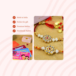 Mayii Exquisite Red Centre Flower Rakhi Pack of 2 with Roli Chawal and Greeting card combo for Raksha Bandhan and Gifting - Mayii - Mayii
