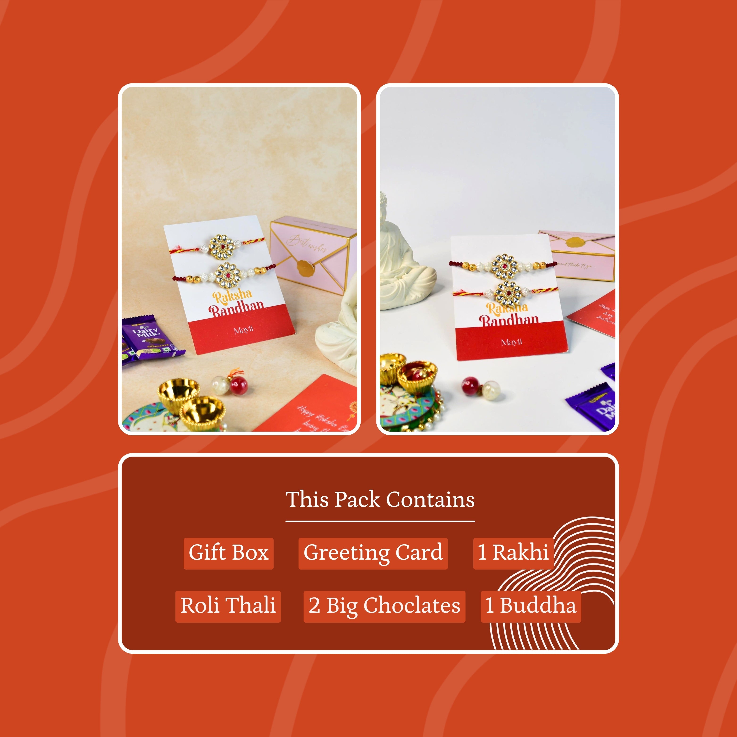 Mayii Exquisite Red Centre Flower Rakhi Pack of 2 with Roli Chawal and Greeting card combo for Raksha Bandhan and Gifting - Mayii - Mayii