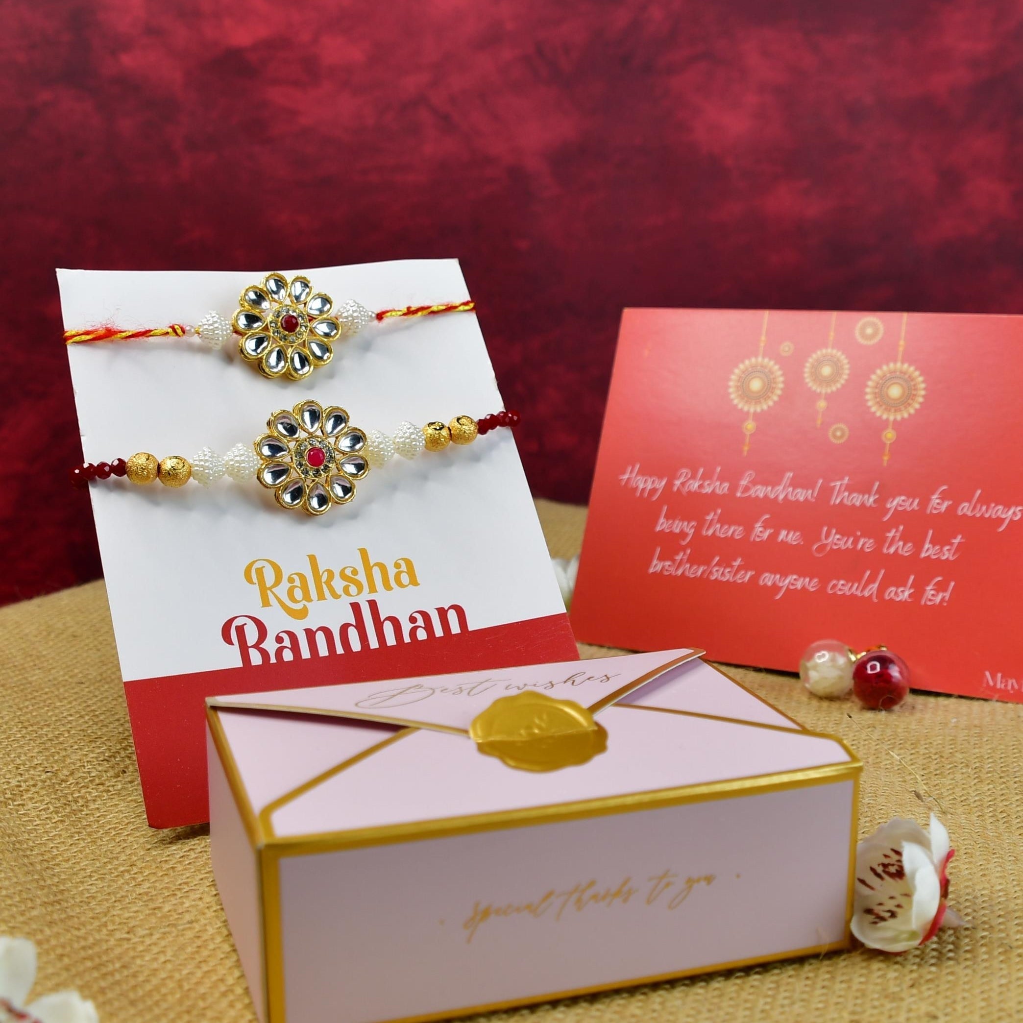 Mayii Exquisite Red Centre Flower Rakhi Pack of 2 with Roli Chawal and Greeting card combo for Raksha Bandhan and Gifting - Mayii - Mayii