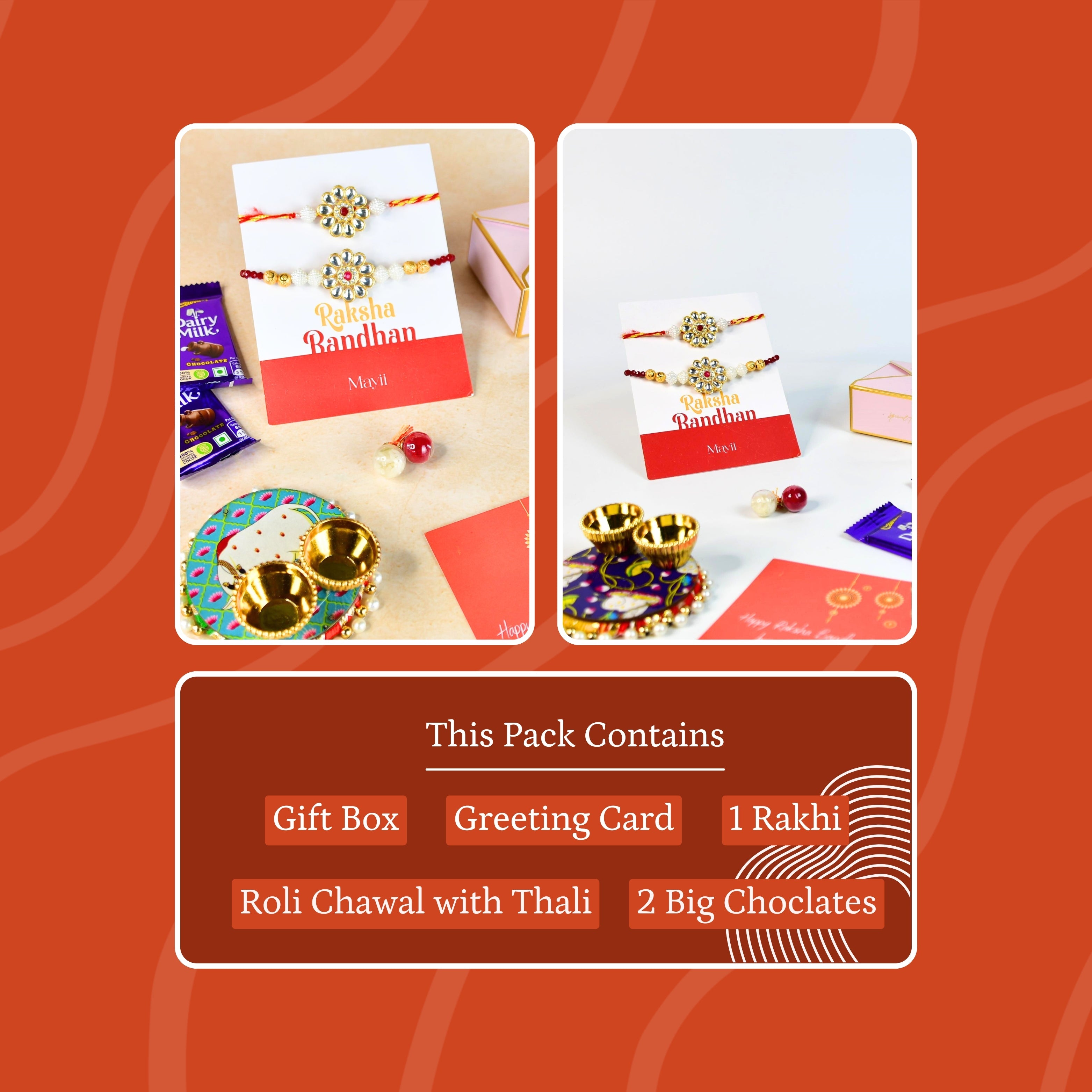 Mayii Exquisite Red Centre Flower Rakhi Pack of 2 with Roli Chawal and Greeting card combo for Raksha Bandhan and Gifting - Mayii - Mayii
