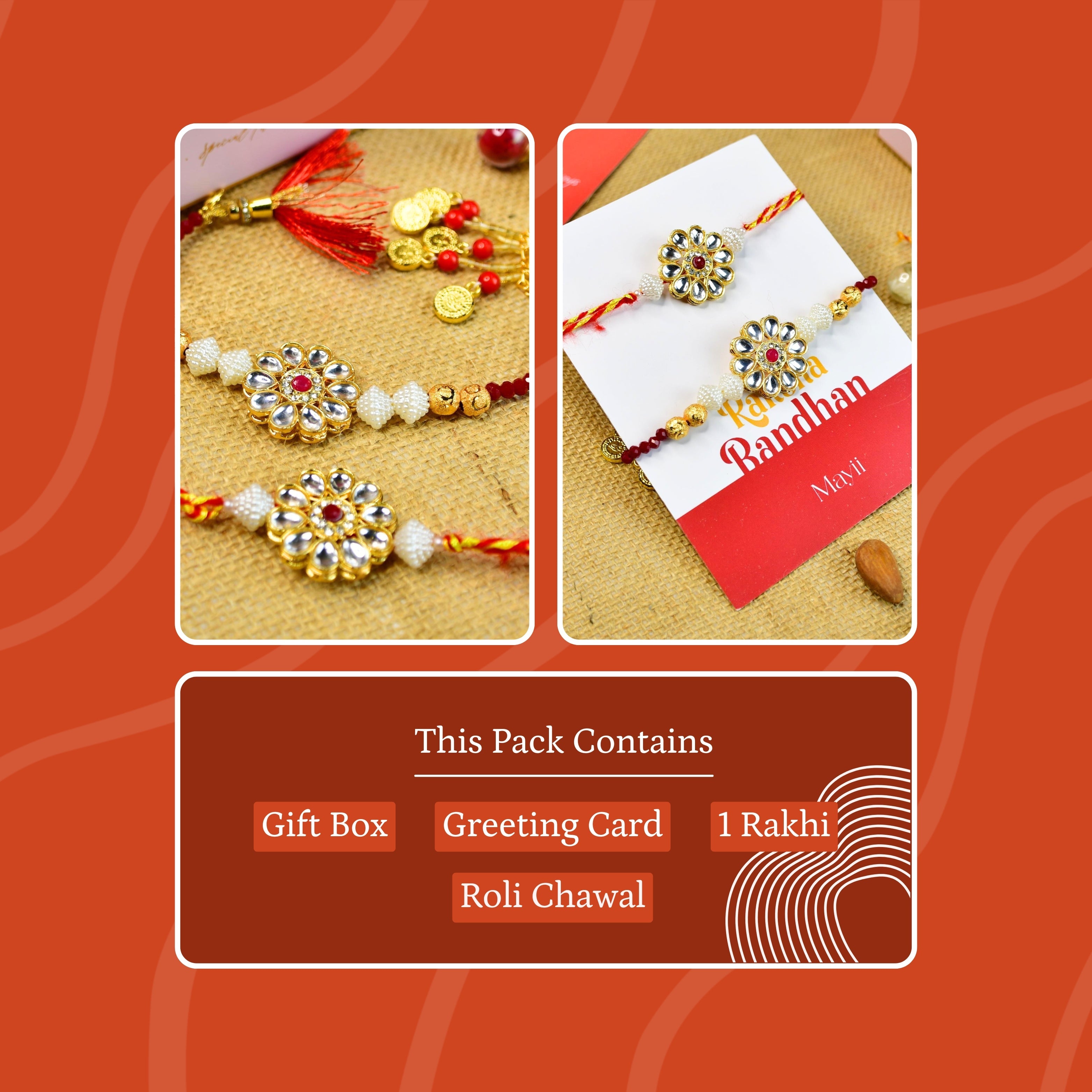 Mayii Exquisite Red Centre Flower Rakhi Pack of 2 with Roli Chawal and Greeting card combo for Raksha Bandhan and Gifting - Mayii - Mayii