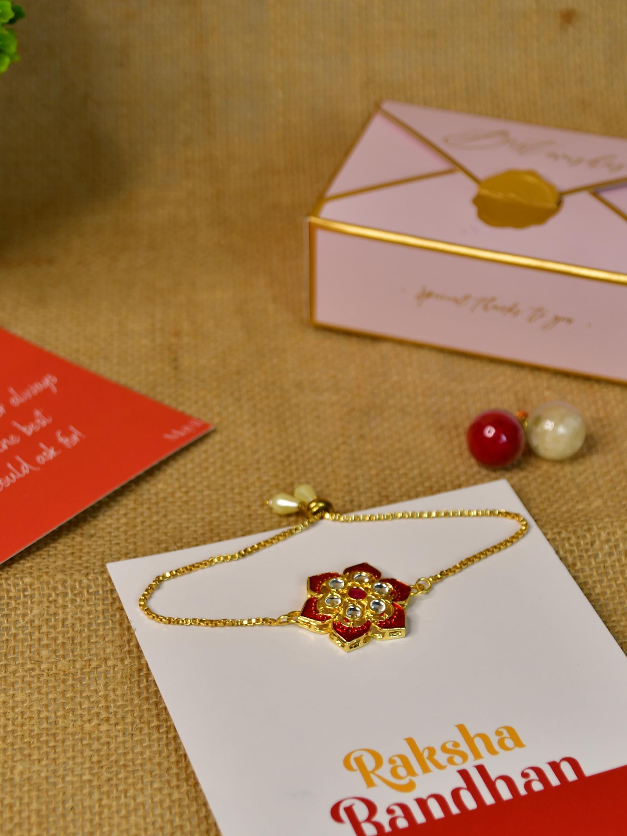 Mayii Exquisite Red Flower Rakhi Pack of 1 with Roli Chawal and Greeting card combo for Raksha Bandhan and Gifting - Mayii - Mayii