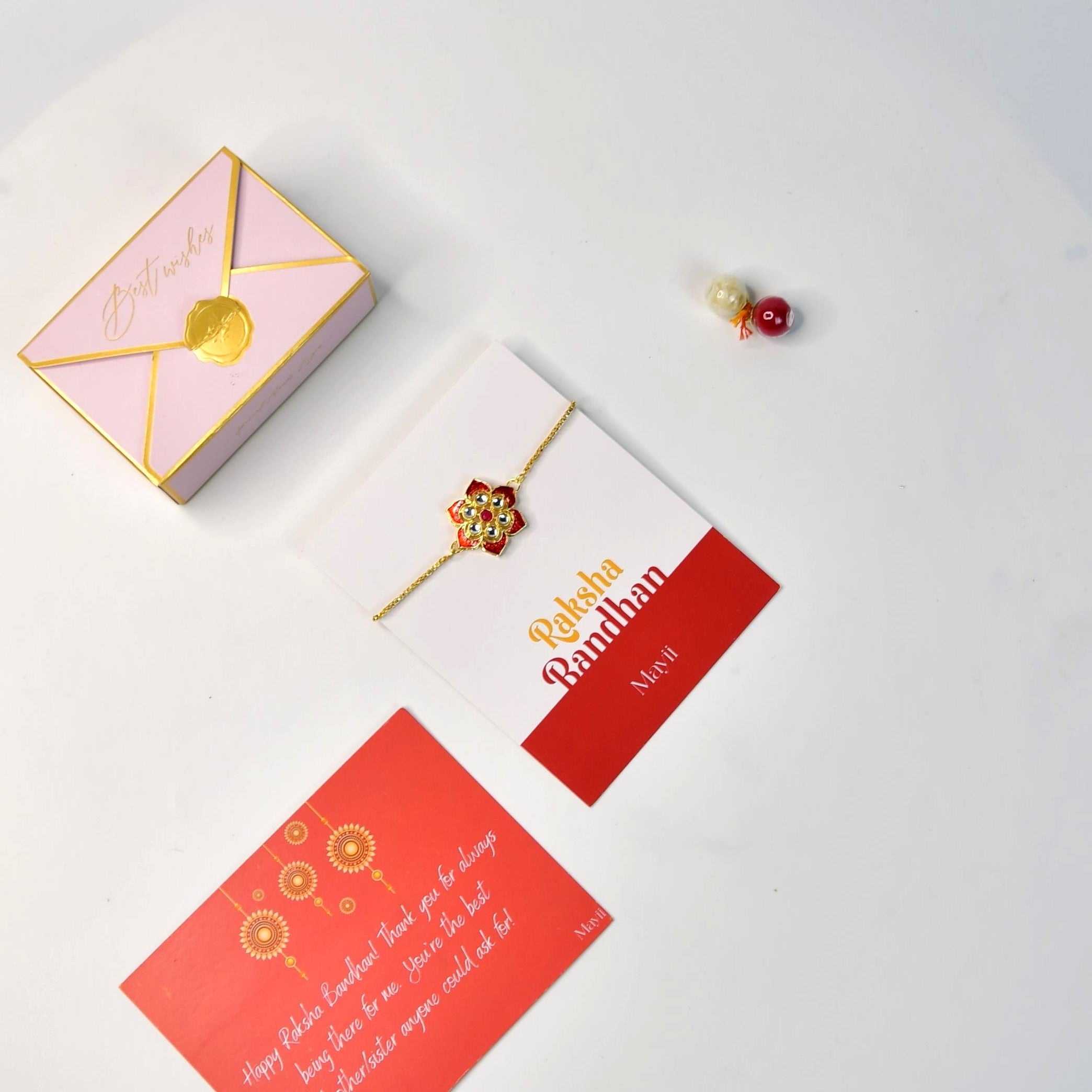 Mayii Exquisite Red Flower Rakhi Pack of 1 with Roli Chawal and Greeting card combo for Raksha Bandhan and Gifting - Mayii - Mayii