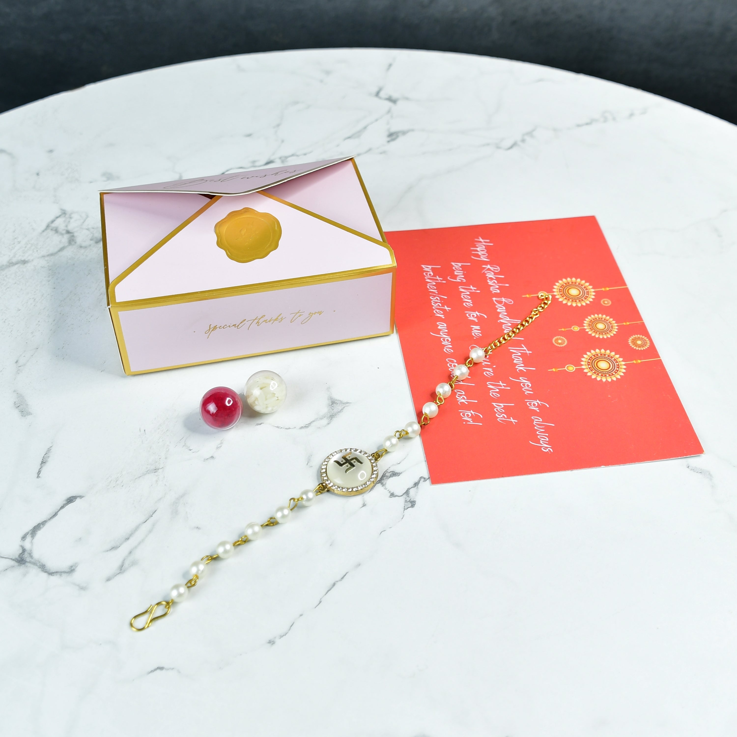 Mayii Exquisite Swastik Rakhi Pack of 1 with Roli Chawal and Greeting card combo for Raksha Bandhan and Gifting - Mayii - Mayii
