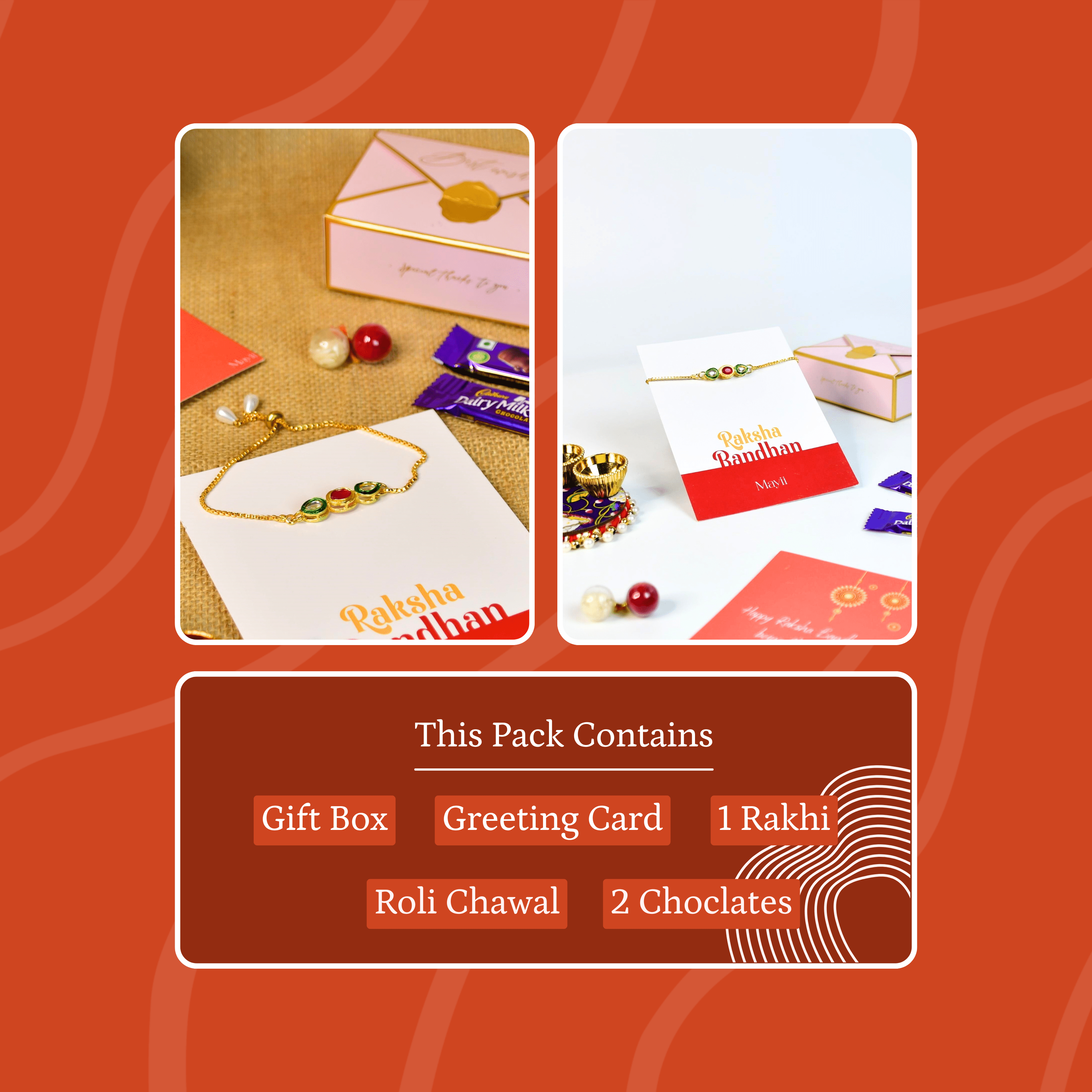 Mayii Exquisite Tri Red Green Rakhi Pack of 1 with Roli Chawal and Greeting card combo for Raksha Bandhan and Gifting - Mayii - Mayii