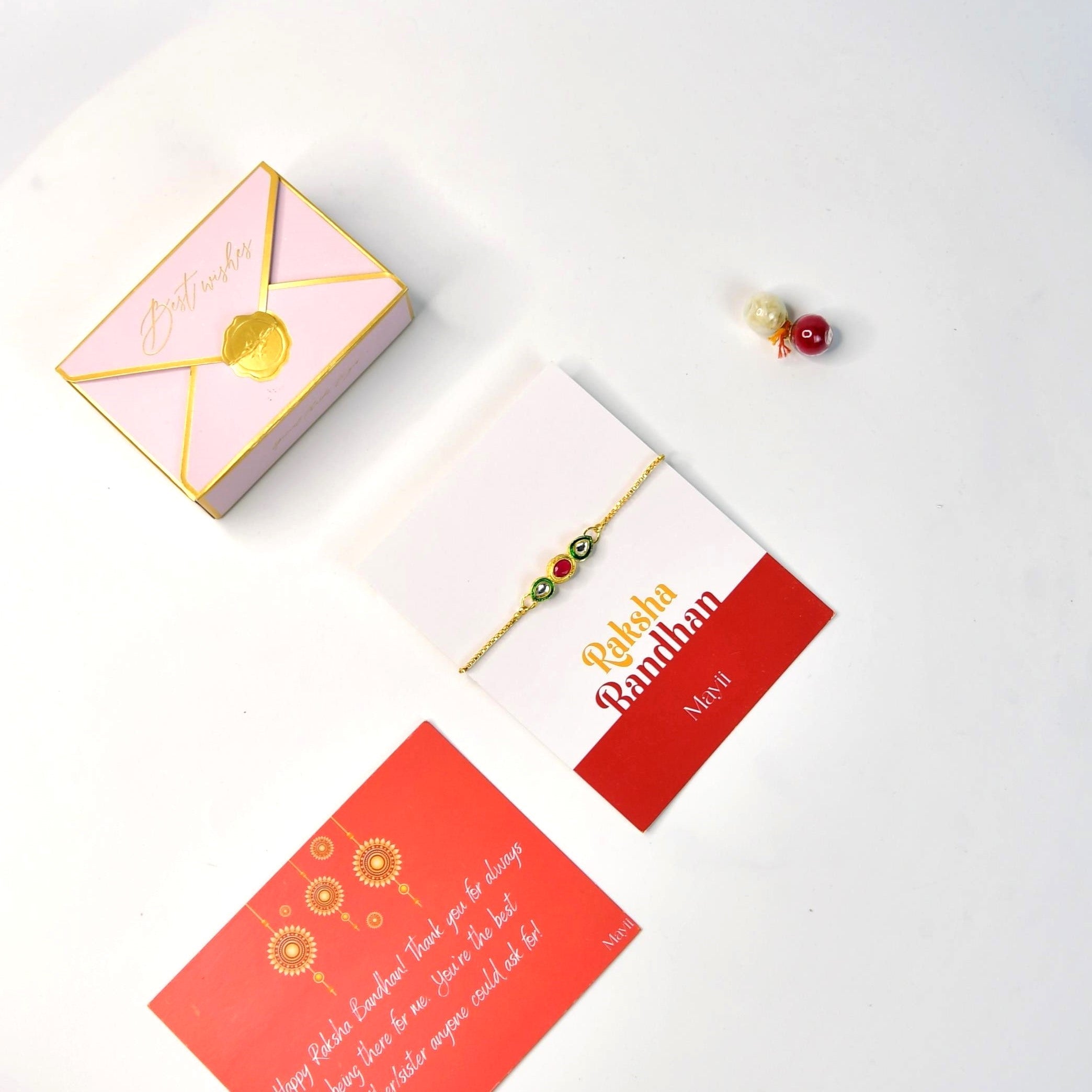 Mayii Exquisite Tri Red Green Rakhi Pack of 1 with Roli Chawal and Greeting card combo for Raksha Bandhan and Gifting - Mayii - Mayii