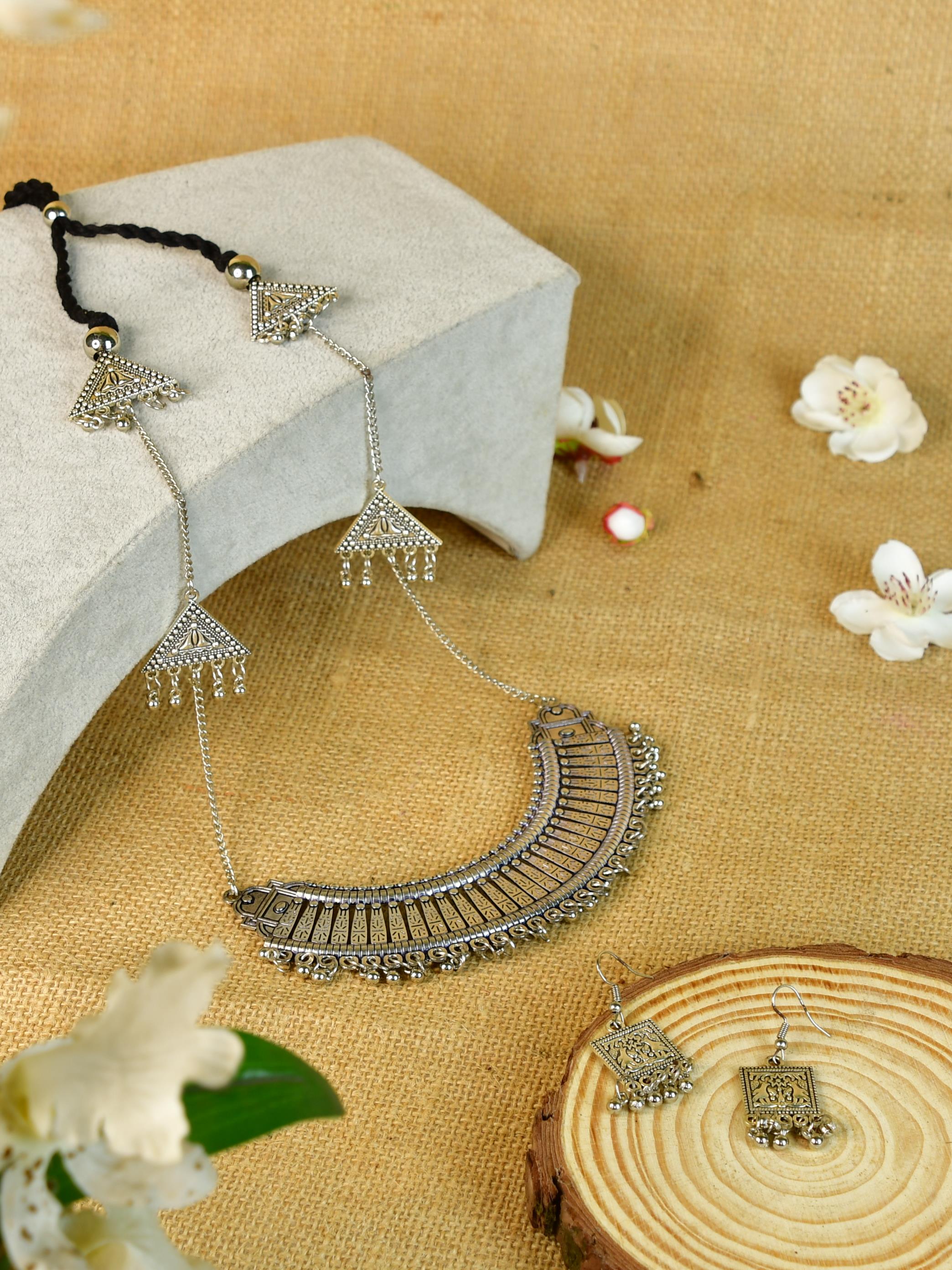 Mayii German Silver Long Choker: Triangles & Chain - Mayii - Mayii