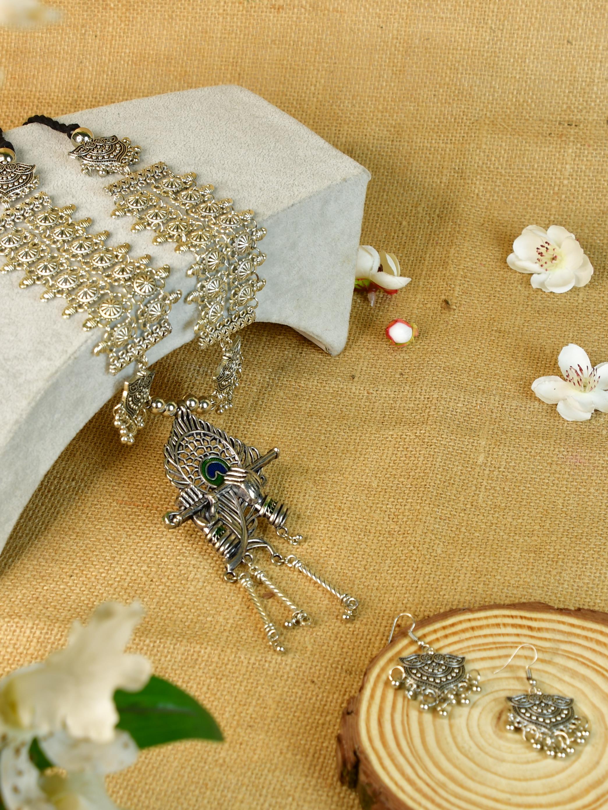 Mayii German Silver Necklace: Krishna Flute & Mor Pankh Design - Mayii - Mayii