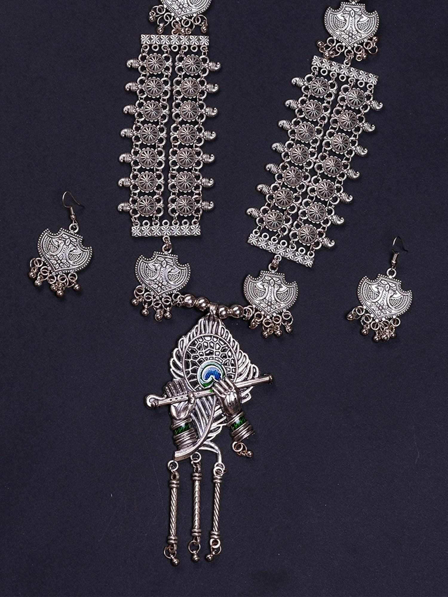 Mayii German Silver Necklace: Krishna Flute & Mor Pankh Design - Mayii - Mayii