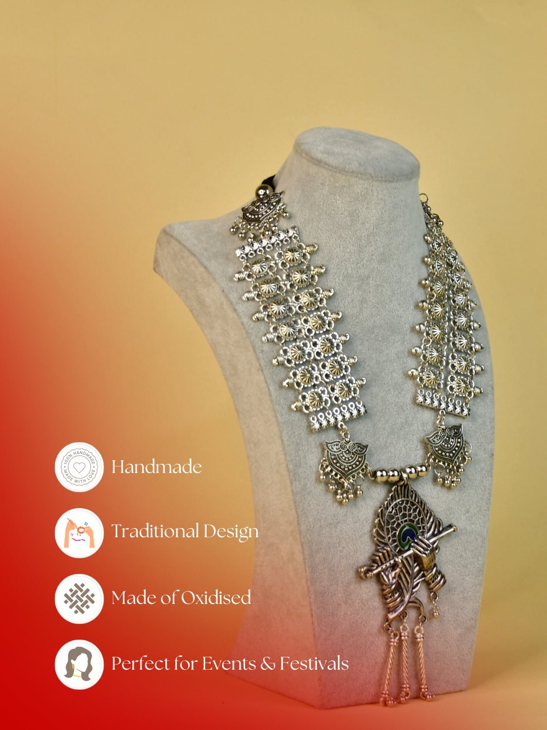 Mayii German Silver Necklace: Krishna Flute & Mor Pankh Design - Mayii - Mayii