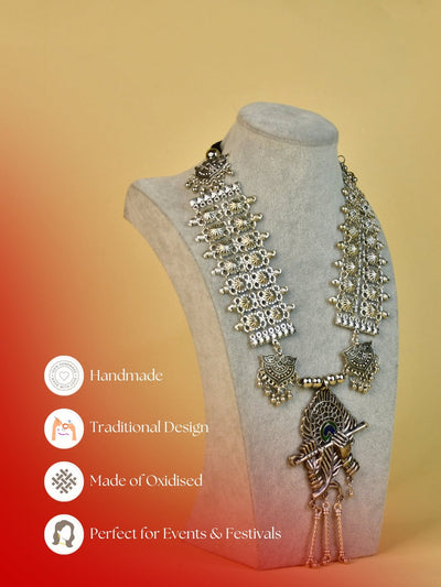 Mayii German Silver Necklace: Krishna Flute & Mor Pankh Design