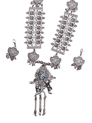 Mayii German Silver Necklace: Krishna Flute & Mor Pankh Design - Mayii - Mayii