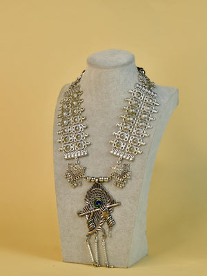 Mayii German Silver Necklace: Krishna Flute & Mor Pankh Design - Mayii - Mayii