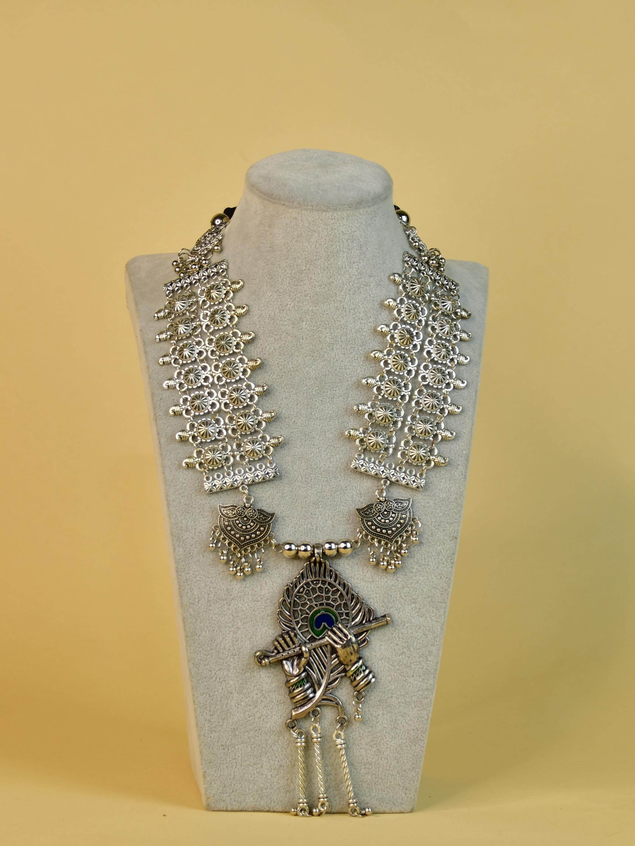Mayii German Silver Necklace: Krishna Flute & Mor Pankh Design - Mayii - Mayii
