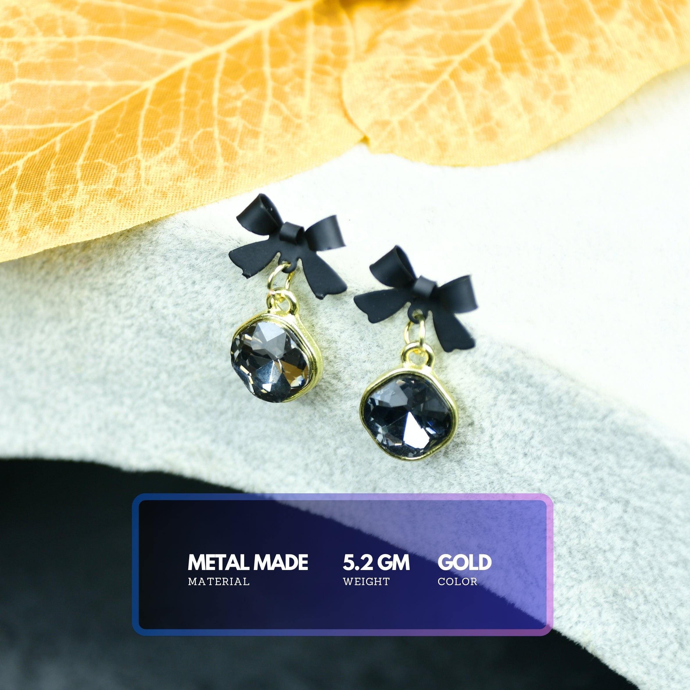 MAYII - Gold Black Stainless Steel Crystal Ribbon Earrings - One Size - Mayii - Mayii