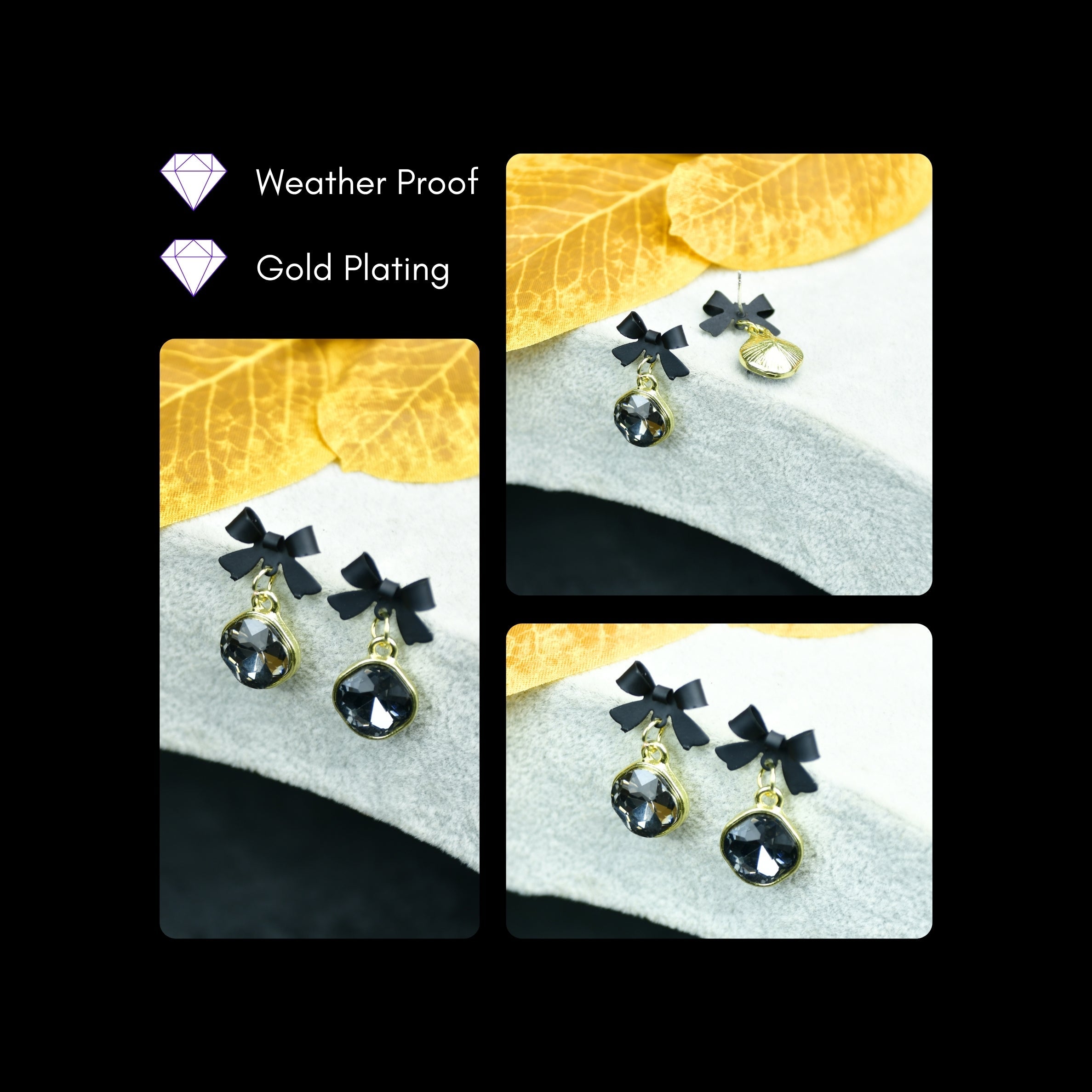 MAYII - Gold Black Stainless Steel Crystal Ribbon Earrings - One Size - Mayii - Mayii