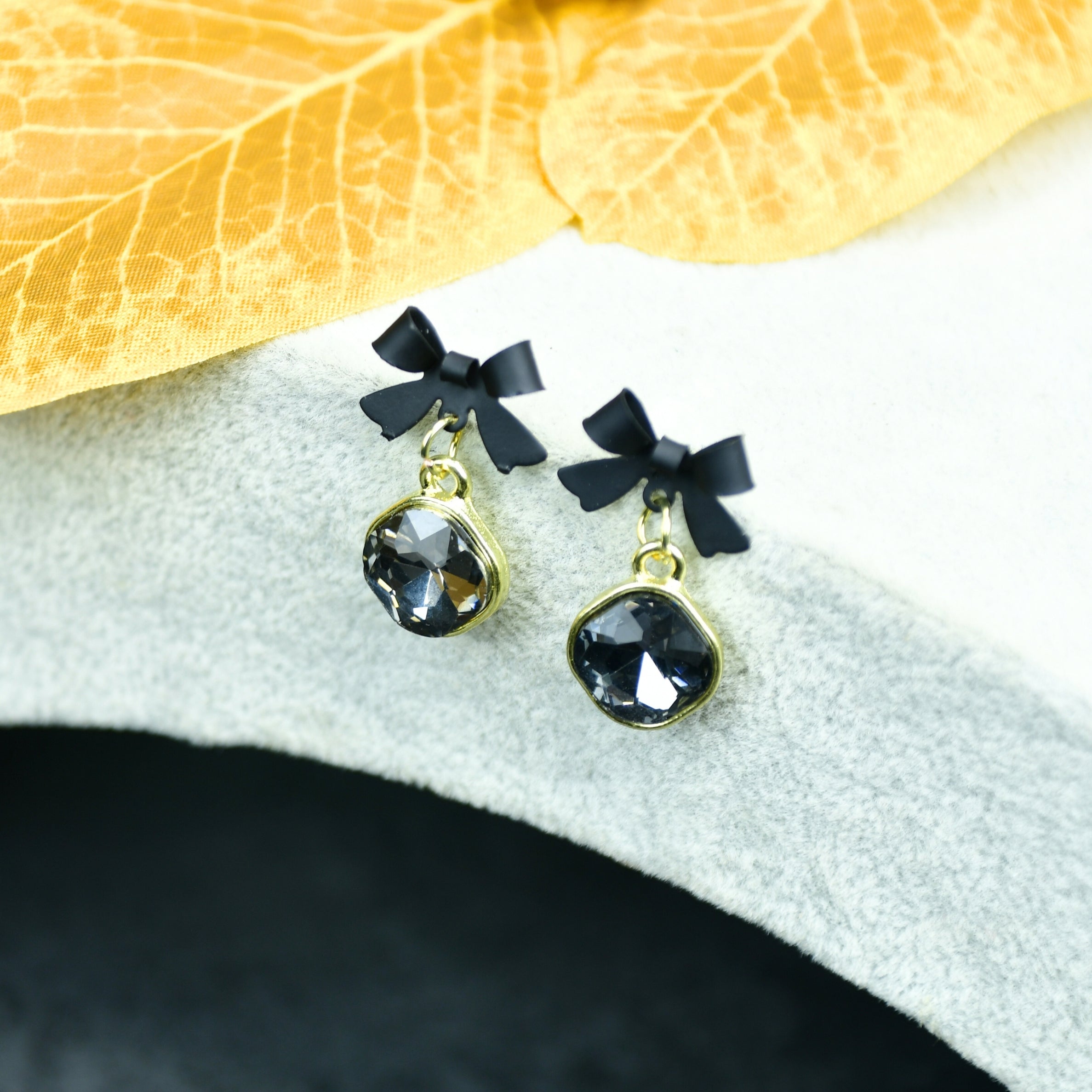 MAYII - Gold Black Stainless Steel Crystal Ribbon Earrings - One Size - Mayii - Mayii