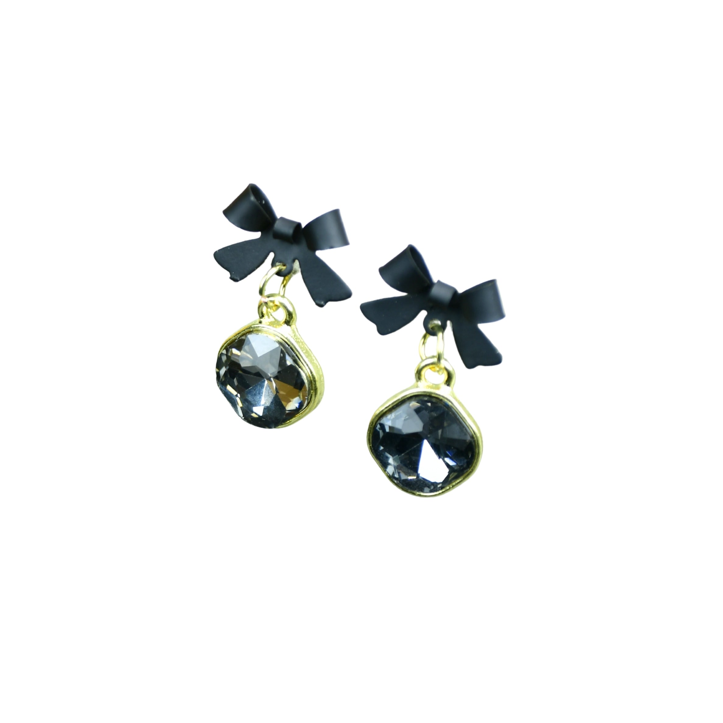 MAYII - Gold Black Stainless Steel Crystal Ribbon Earrings - One Size - Mayii - Mayii