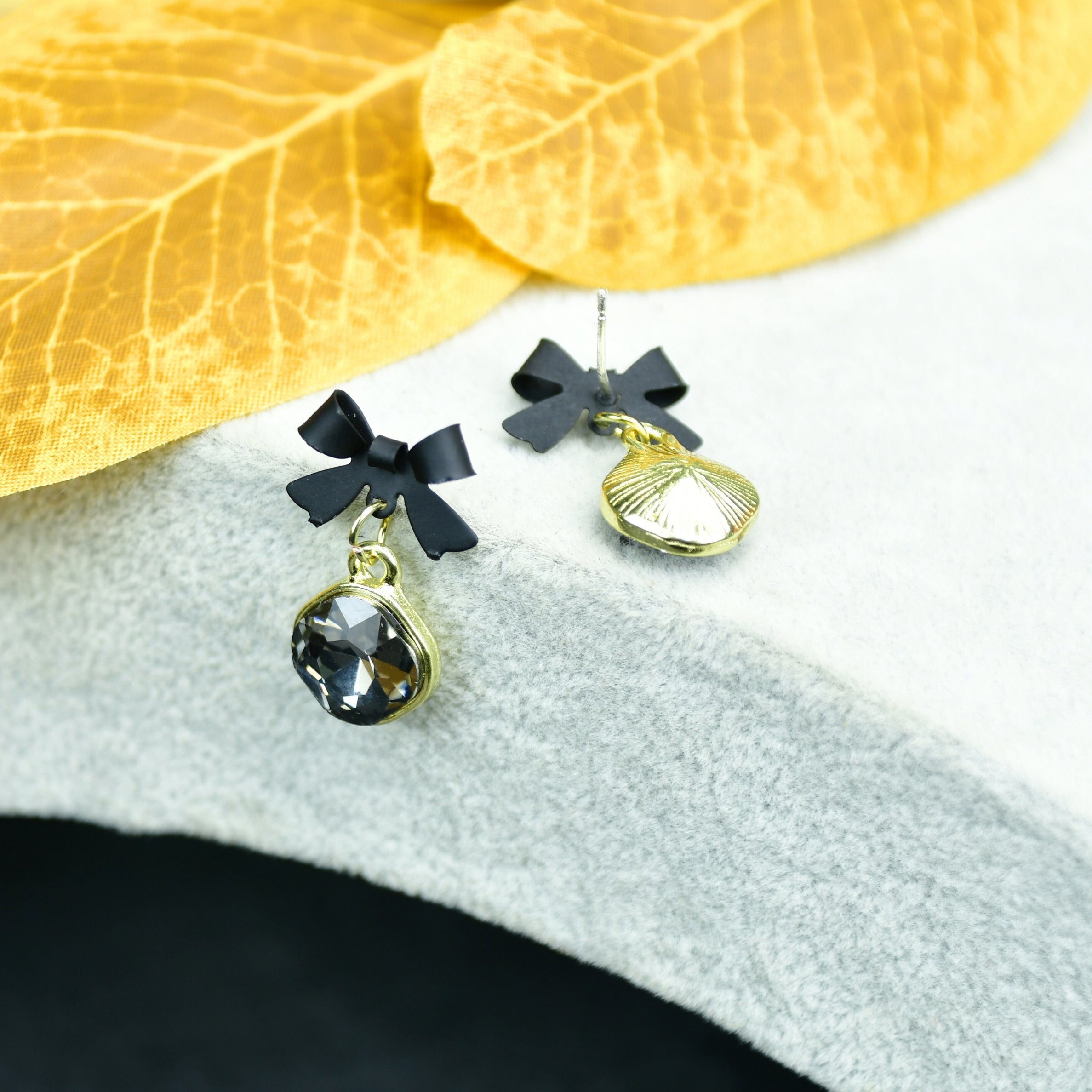 MAYII - Gold Black Stainless Steel Crystal Ribbon Earrings - One Size - Mayii - Mayii
