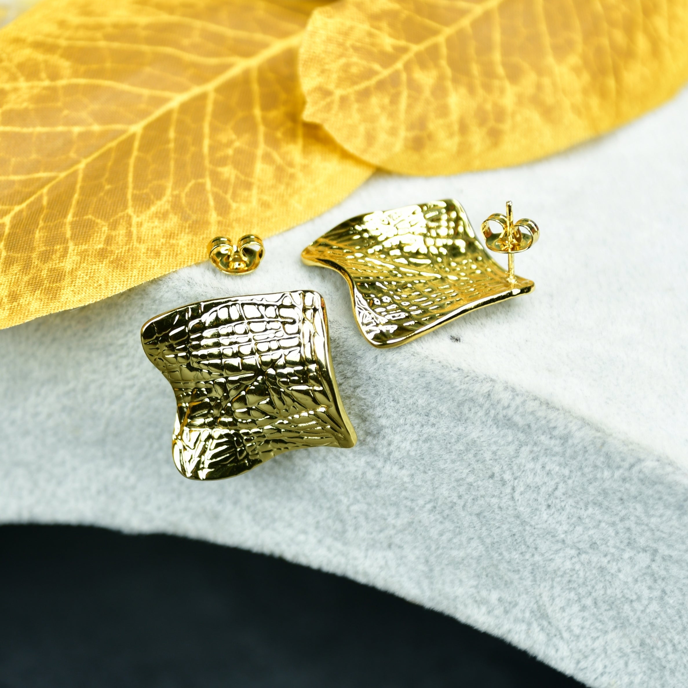 MAYII - Gold Croc Stainless Steel Textured Square Earrings - One Size - Mayii - Mayii