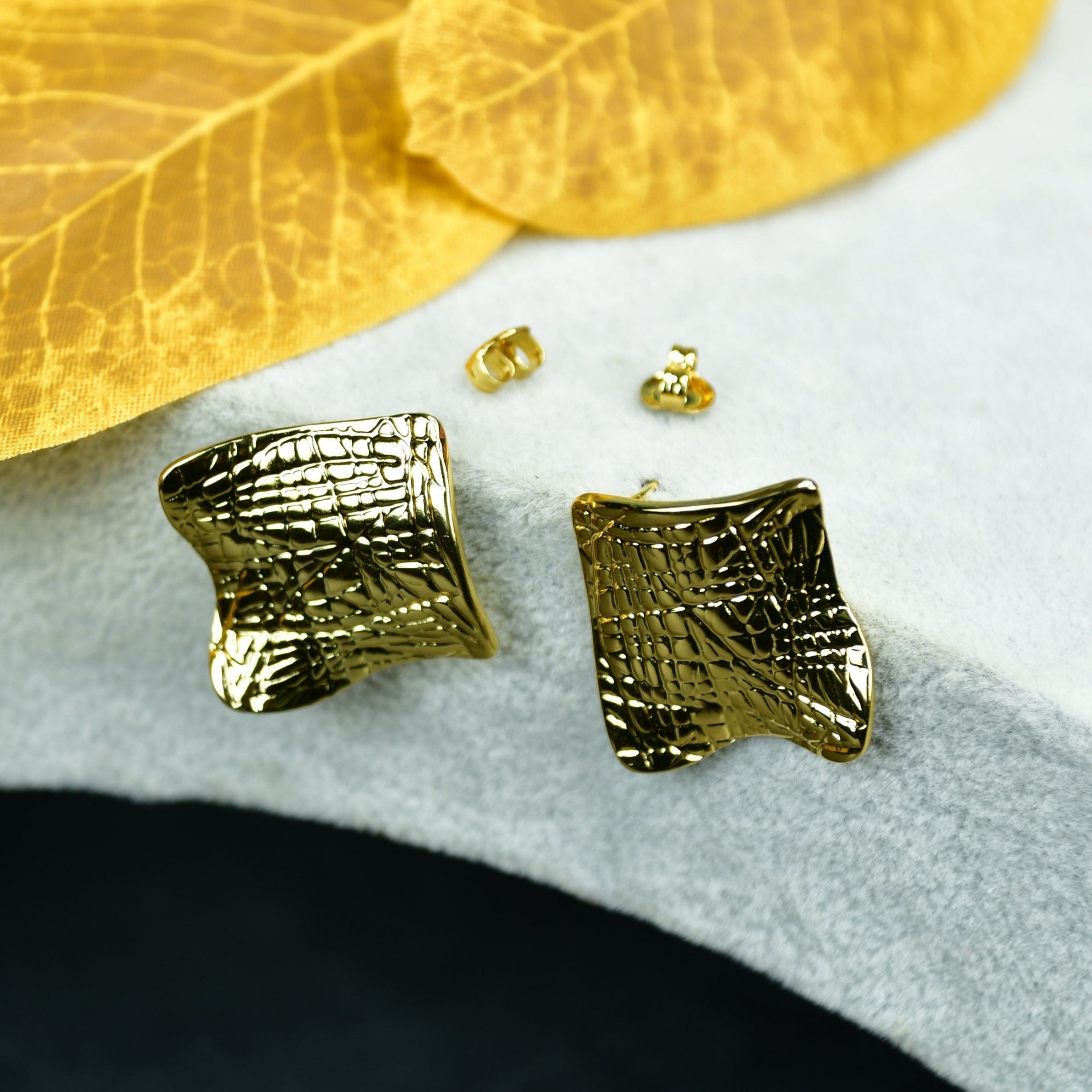 MAYII - Gold Croc Stainless Steel Textured Square Earrings - One Size - Mayii - Mayii