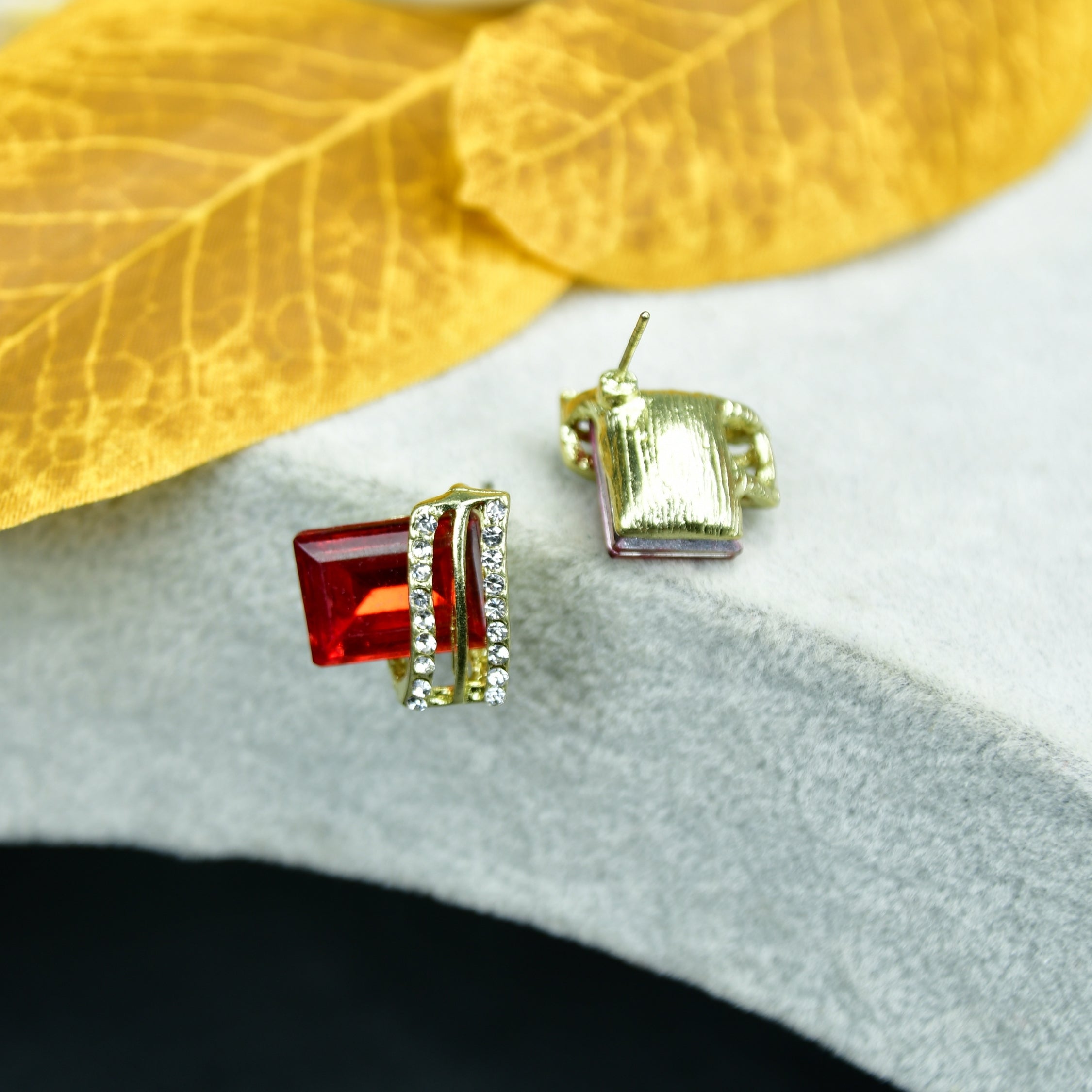 MAYII - Gold Red Stainless Steel Crystal Lining Earrings - One Size - Mayii - Mayii