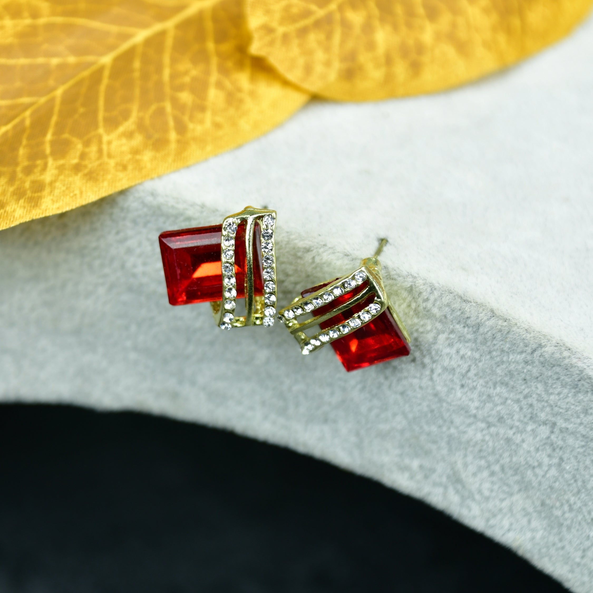 MAYII - Gold Red Stainless Steel Crystal Lining Earrings - One Size - Mayii - Mayii