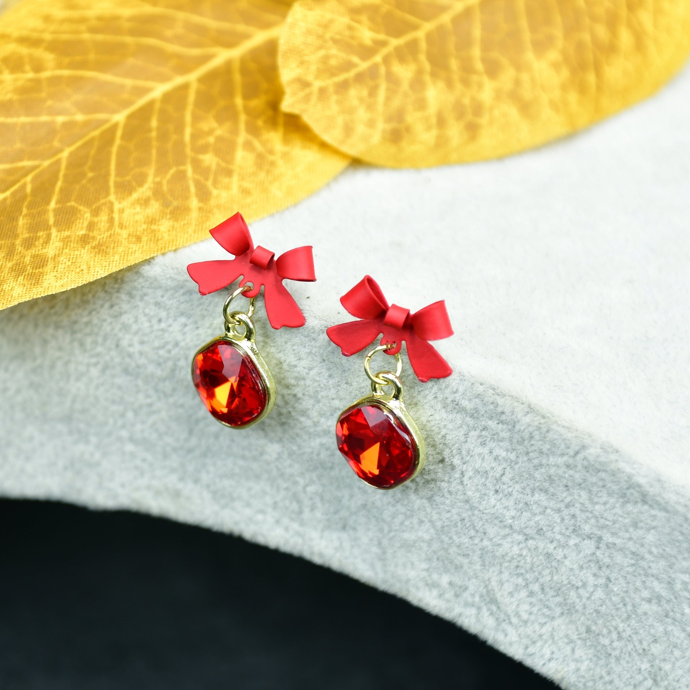 MAYII - Gold Red Stainless Steel Crystal Ribbon Earrings - One Size - Mayii - Mayii