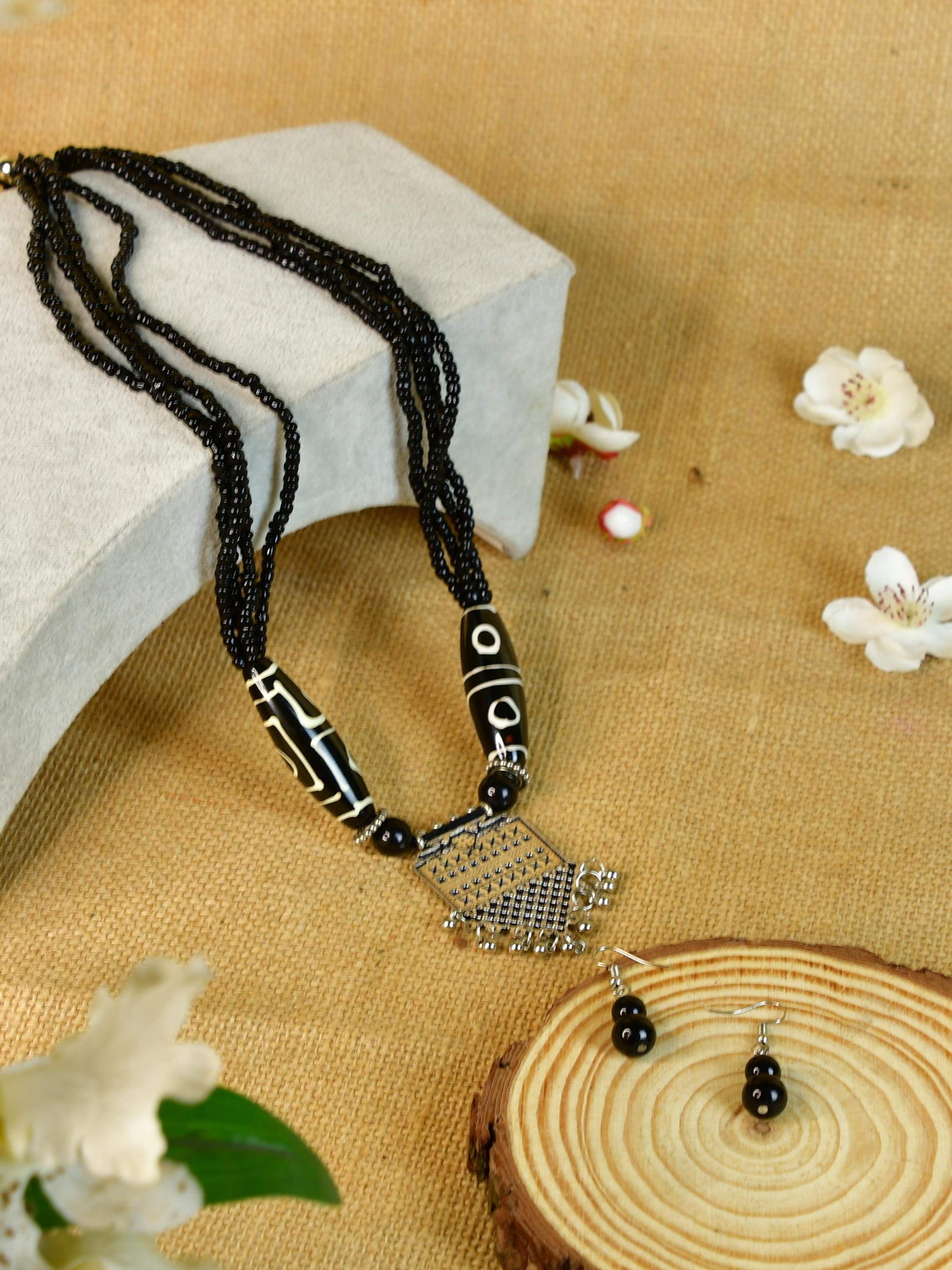 Mayii Handcrafted German Silver Necklace: Black Bead Pendant - Mayii - Mayii