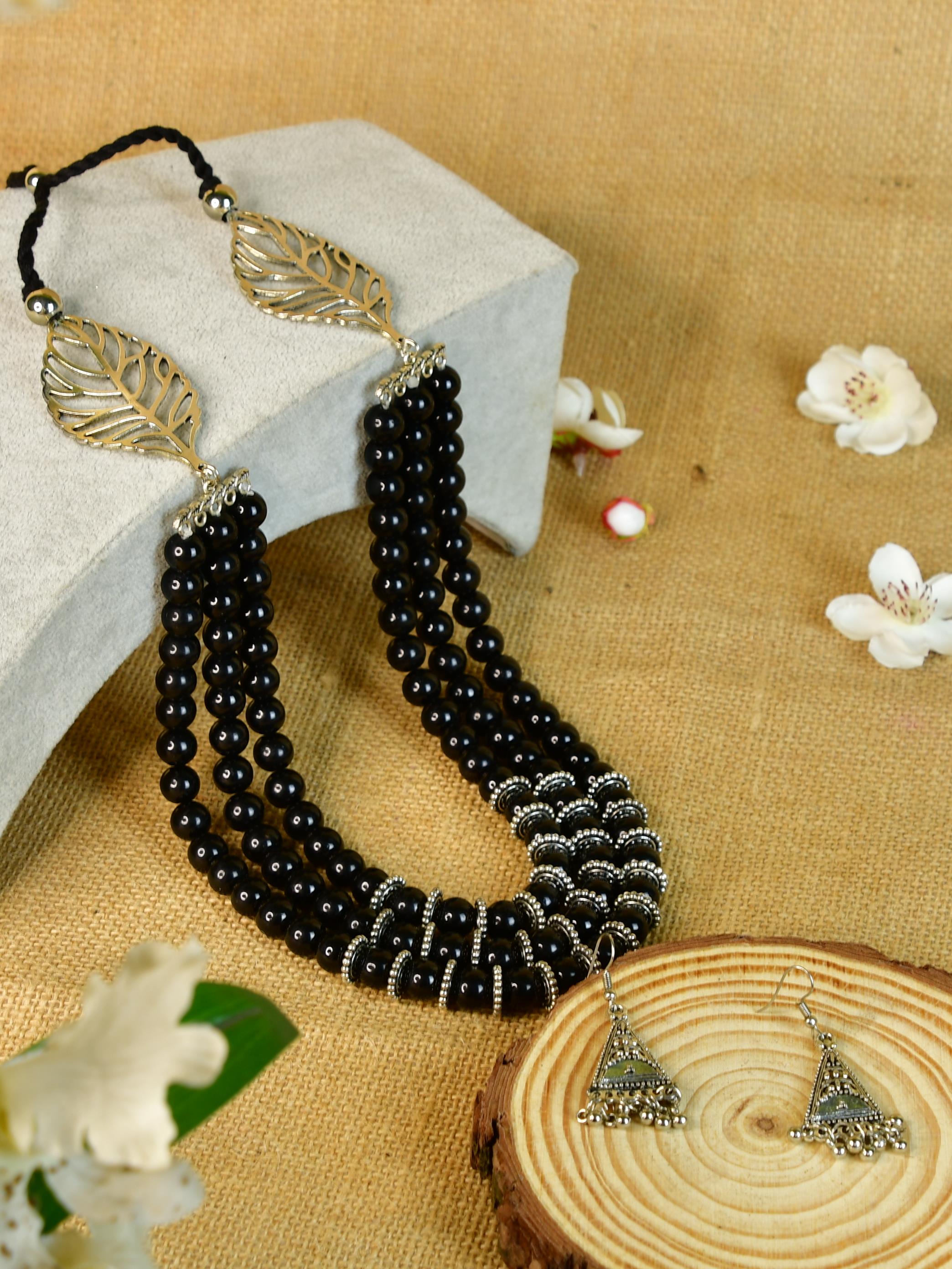 Mayii Handcrafted German Silver Necklace: Leaf Design with Beads - Mayii - Mayii