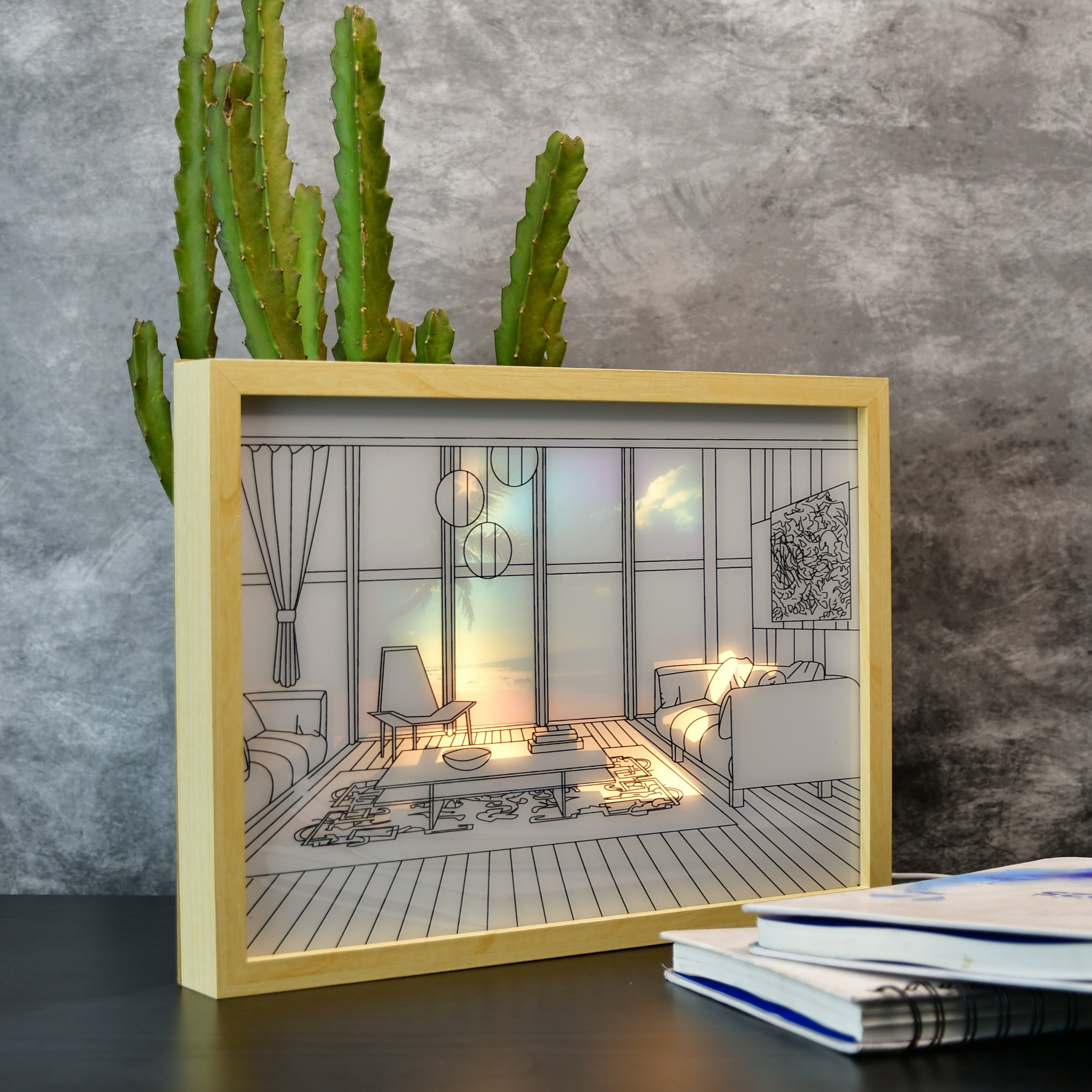 Mayii Illuminated Hall Room Frame – LED Landscape Photo Frame with Sofas, Carpet & Balcony for Chic Home Decor - MAYII - Mayii