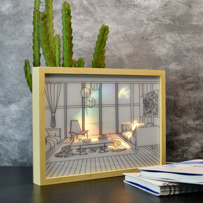 Mayii Illuminated Hall Room Frame – LED Landscape Photo Frame with Sofas, Carpet & Balcony for Chic Home Decor