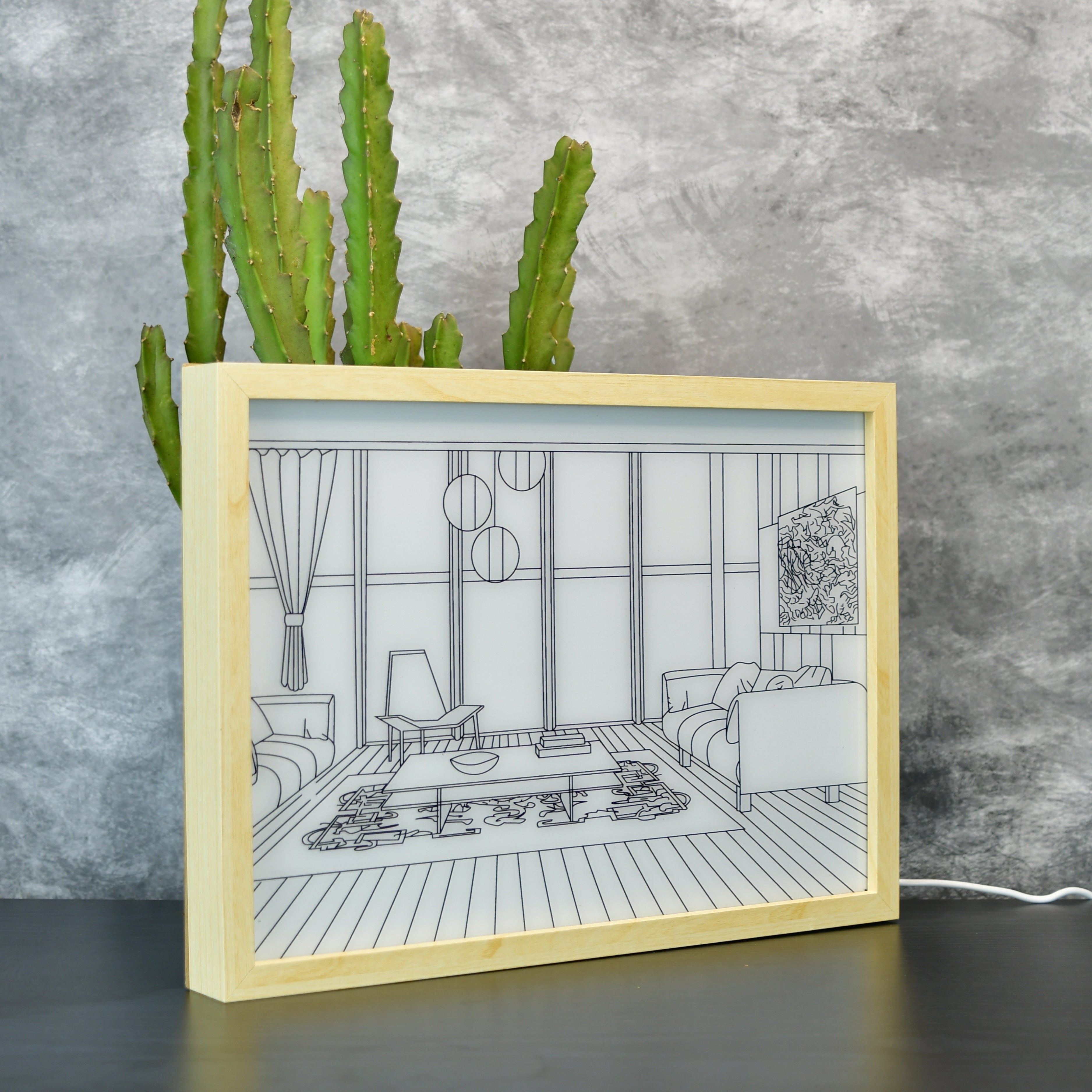 Mayii Illuminated Hall Room Frame – LED Landscape Photo Frame with Sofas, Carpet & Balcony for Chic Home Decor - MAYII - Mayii