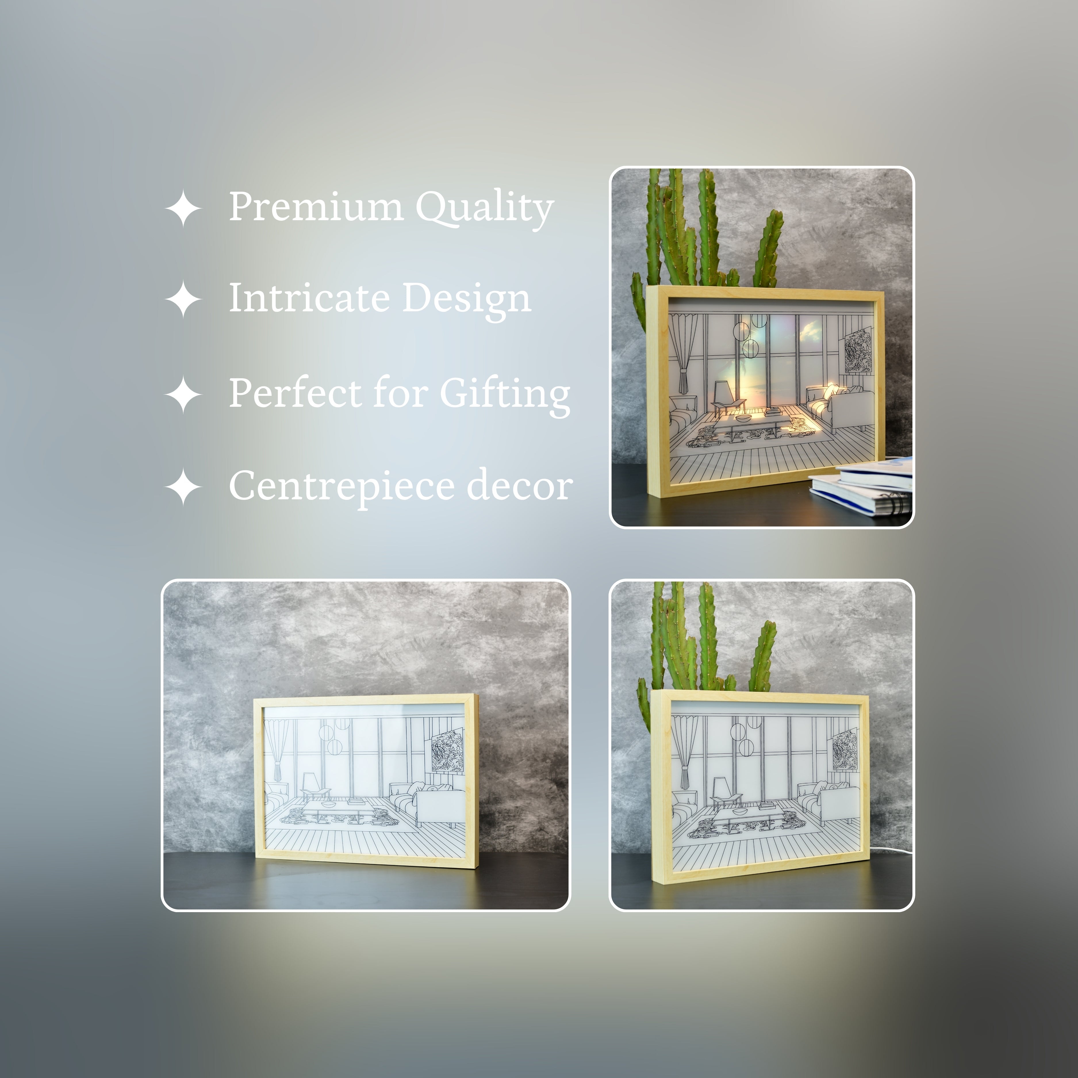 Mayii Illuminated Hall Room Frame – LED Landscape Photo Frame with Sofas, Carpet & Balcony for Chic Home Decor - MAYII - Mayii