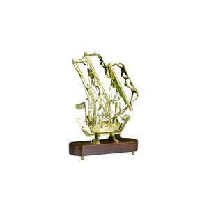 MAYII nautical brass ship sculpture tabletop decor on wooden base with intricate sail design