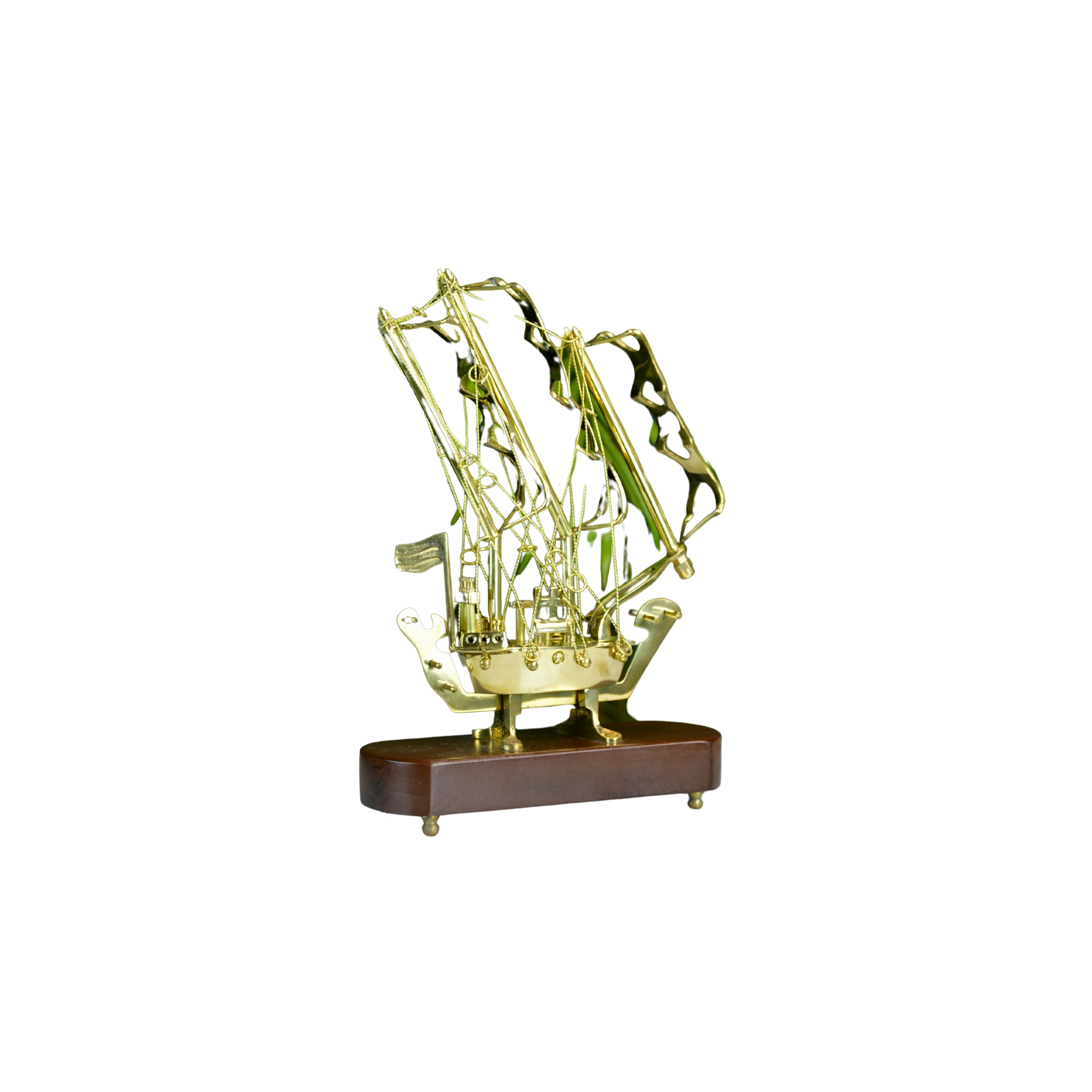 MAYII nautical brass ship sculpture tabletop decor on wooden base with intricate sail design